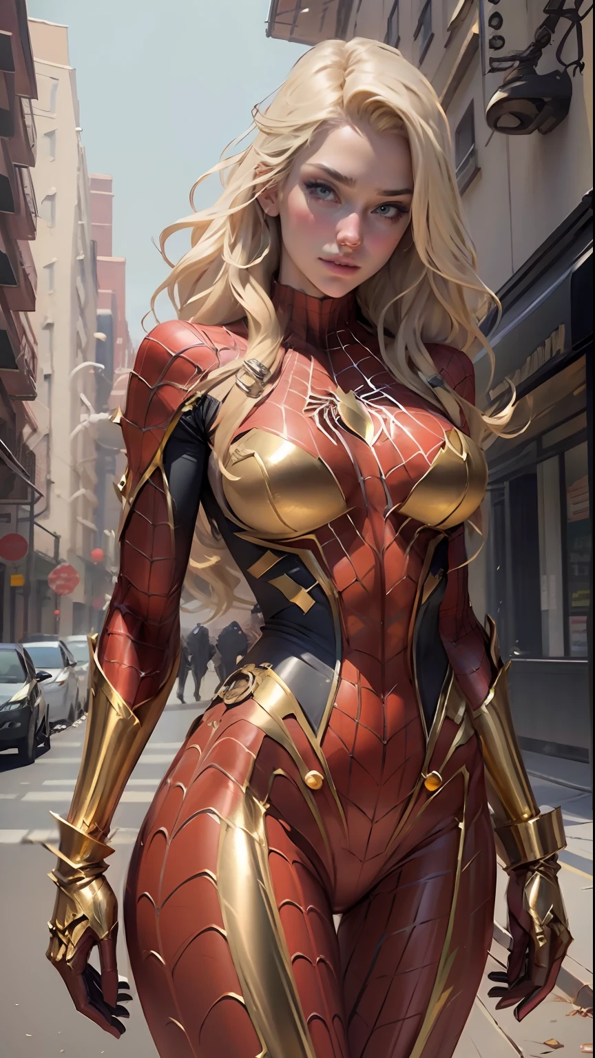 Beautiful blonde woman detailed defined body using gold spider man cosplay, huge breasts