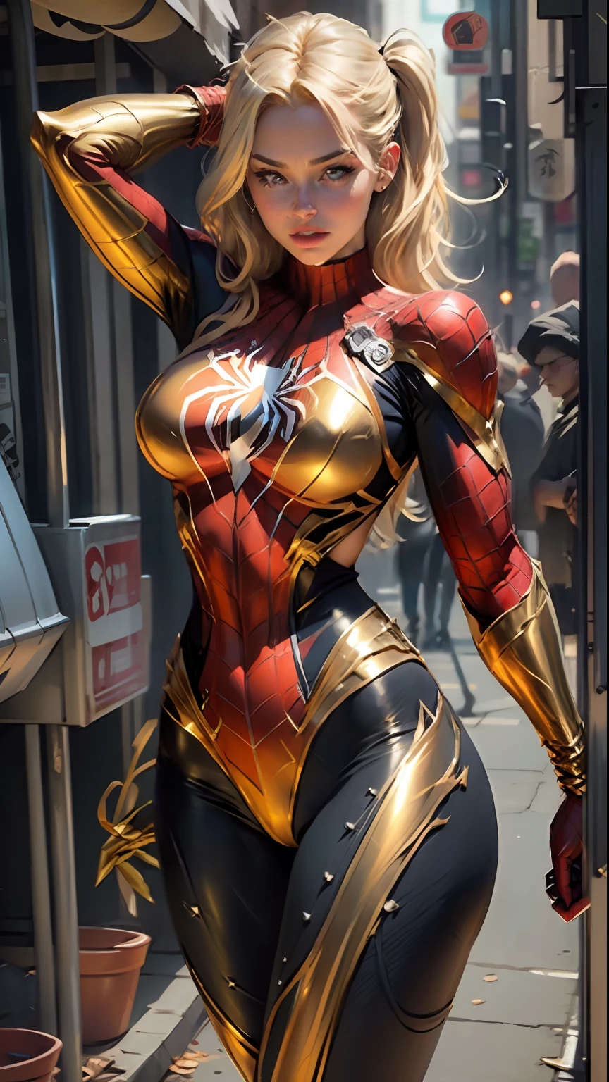 Beautiful blonde woman detailed defined body using gold spider man cosplay, huge breasts