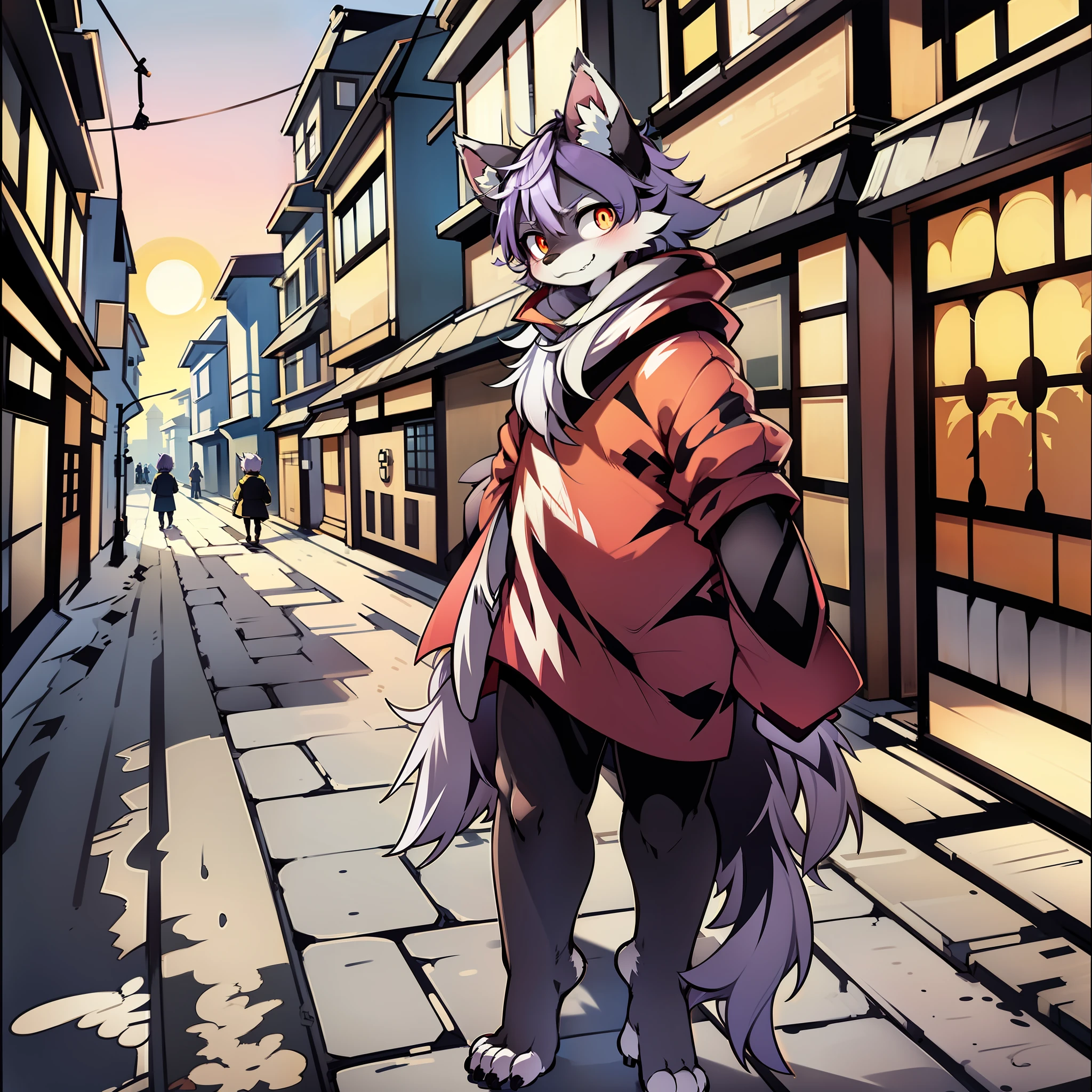 Anime Wolf，Orc symbaroum，adolable，Purple hair，The eyes are red and blue，furry paw，Heteropupil，Q version，The background is the setting sun，Walk down the street with your head down，Looks lost