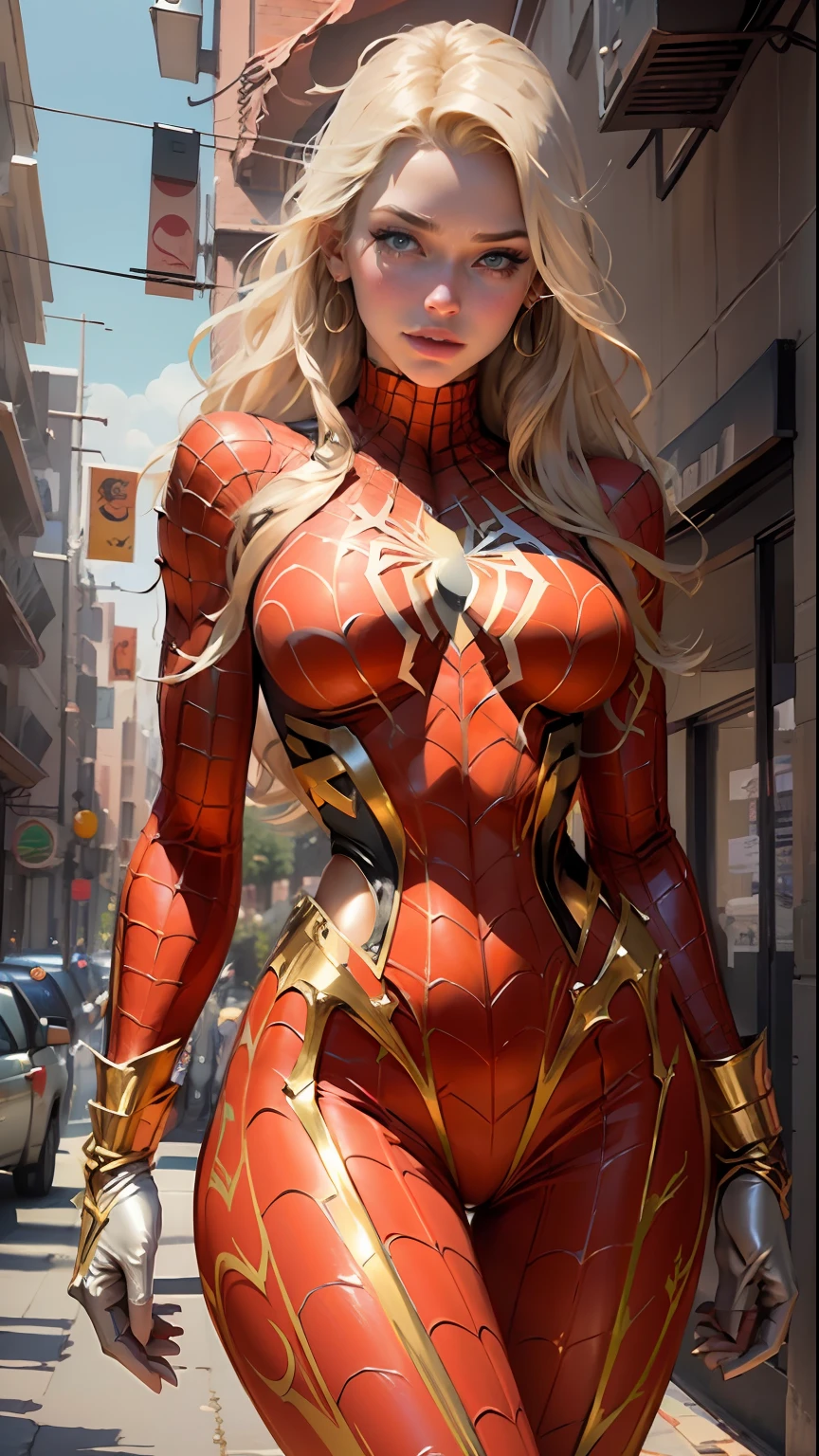 Beautiful blonde woman detailed defined body using gold spider man cosplay, huge breasts