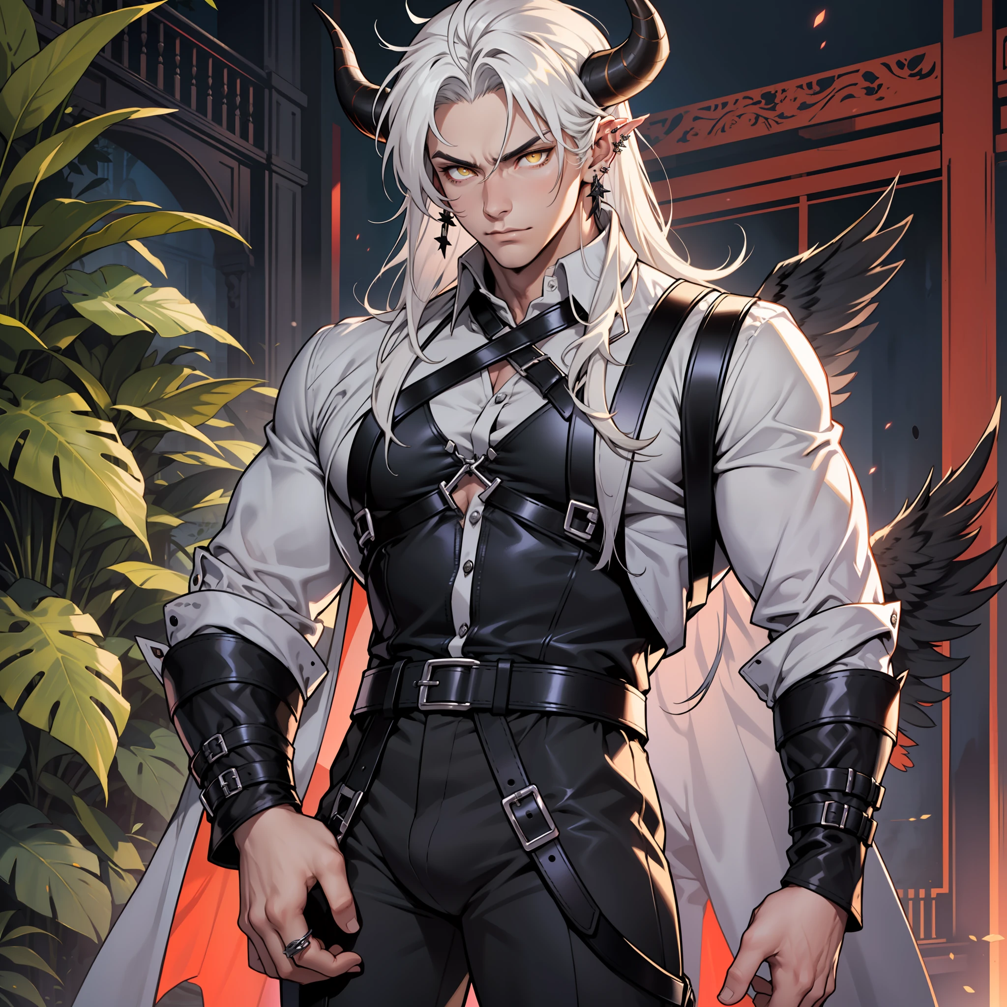 Handsome male, white hair, long hair, yellow eyes, horns, ear piercings, detailed body, detailed hands, grey button shirt, wearing chest harness, black pants, black boots, night fall, standing in palace, arrogant look, good looking, ring on finger, black wings, big bulge in plants
