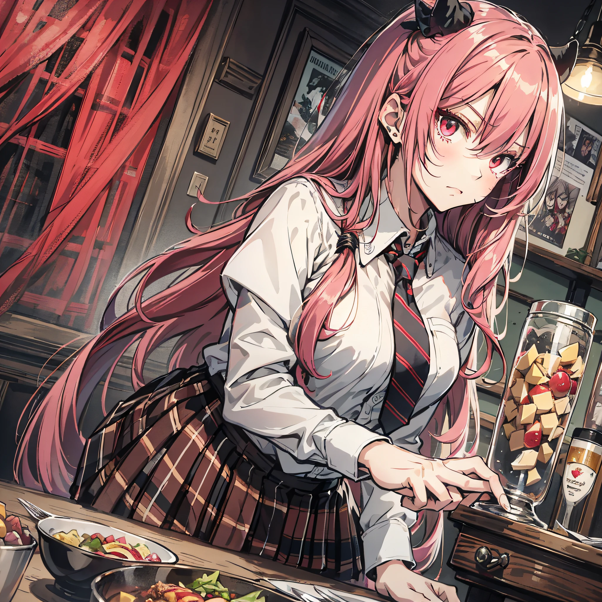 Ridiculous resolution,A high resolution,(tmasterpiece:1.4),Hyper-detailing,Pink Long Hair, 1girll, dual horsetail, Solo, red color eyes, Angry, white necktie, Pleated plaid red skirt, school uniform, Zombie role-playing,dine,dining table,Zombie Doom,Zombie outbreak