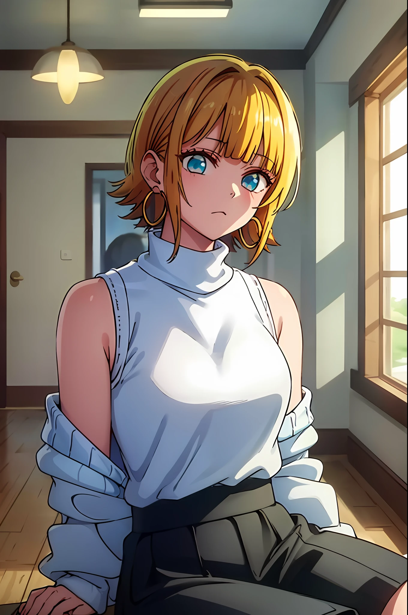 masterpiece, hightquality, Hi-Res, MEMcho, Indoors, cowboy shot, Black skirt, The shirt, off shoulders, off-the-shoulder sweater, (Light blue sweater:1.2), sleeveless shirts, High Neck Sleeveless Shirt, Black shirt, Sweaters, Sweater sleeve wrist too much, sitting on, hoop earrings,animesque、a blond、Only the head is black