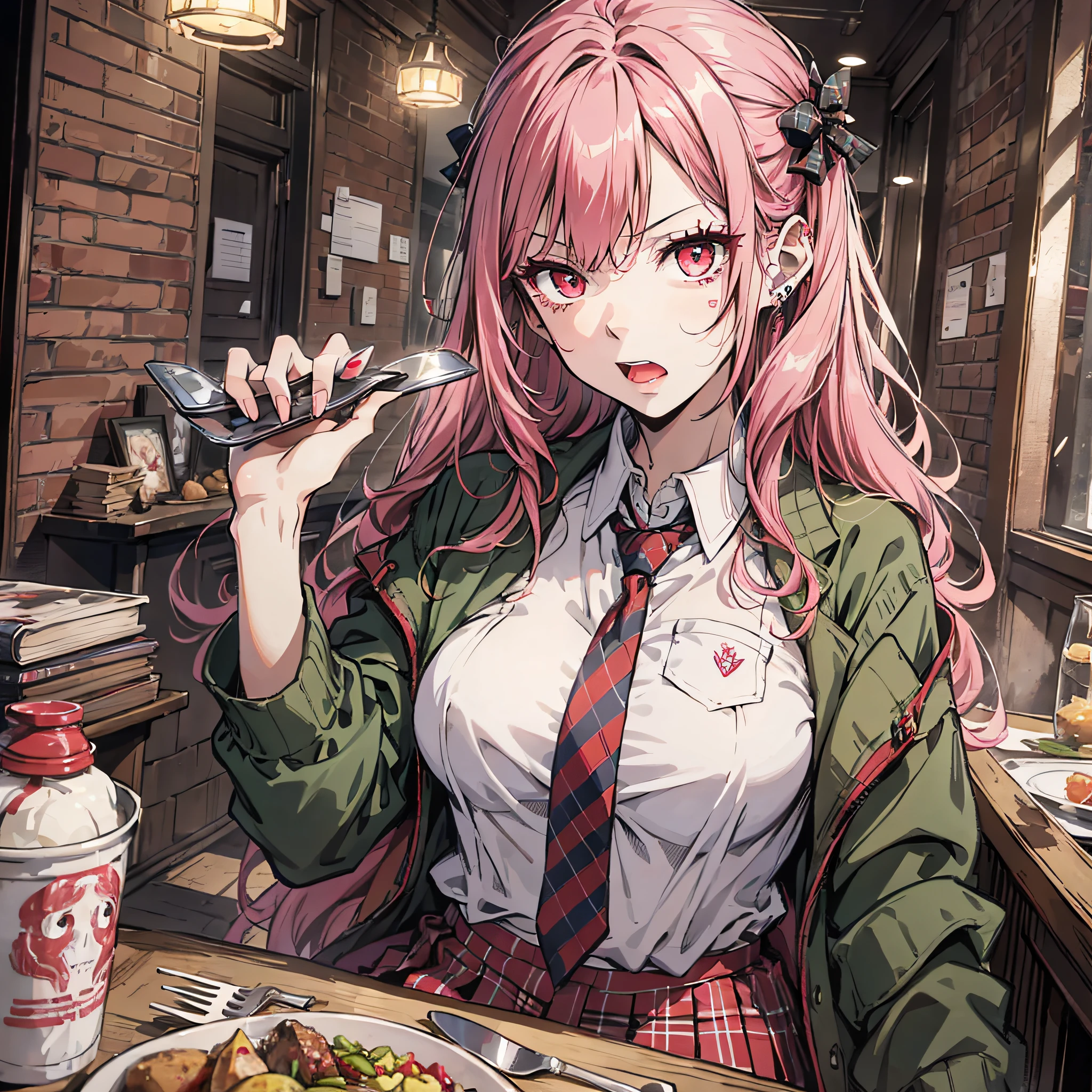 Ridiculous resolution,A high resolution,(tmasterpiece:1.4),Hyper-detailing,Pink Long Hair, 1girll, dual horsetail, Solo, red color eyes, Angry, white necktie, Pleated plaid red skirt, school uniform, Zombie role-playing,dine,dining table,Zombie Doom,Zombie outbreak