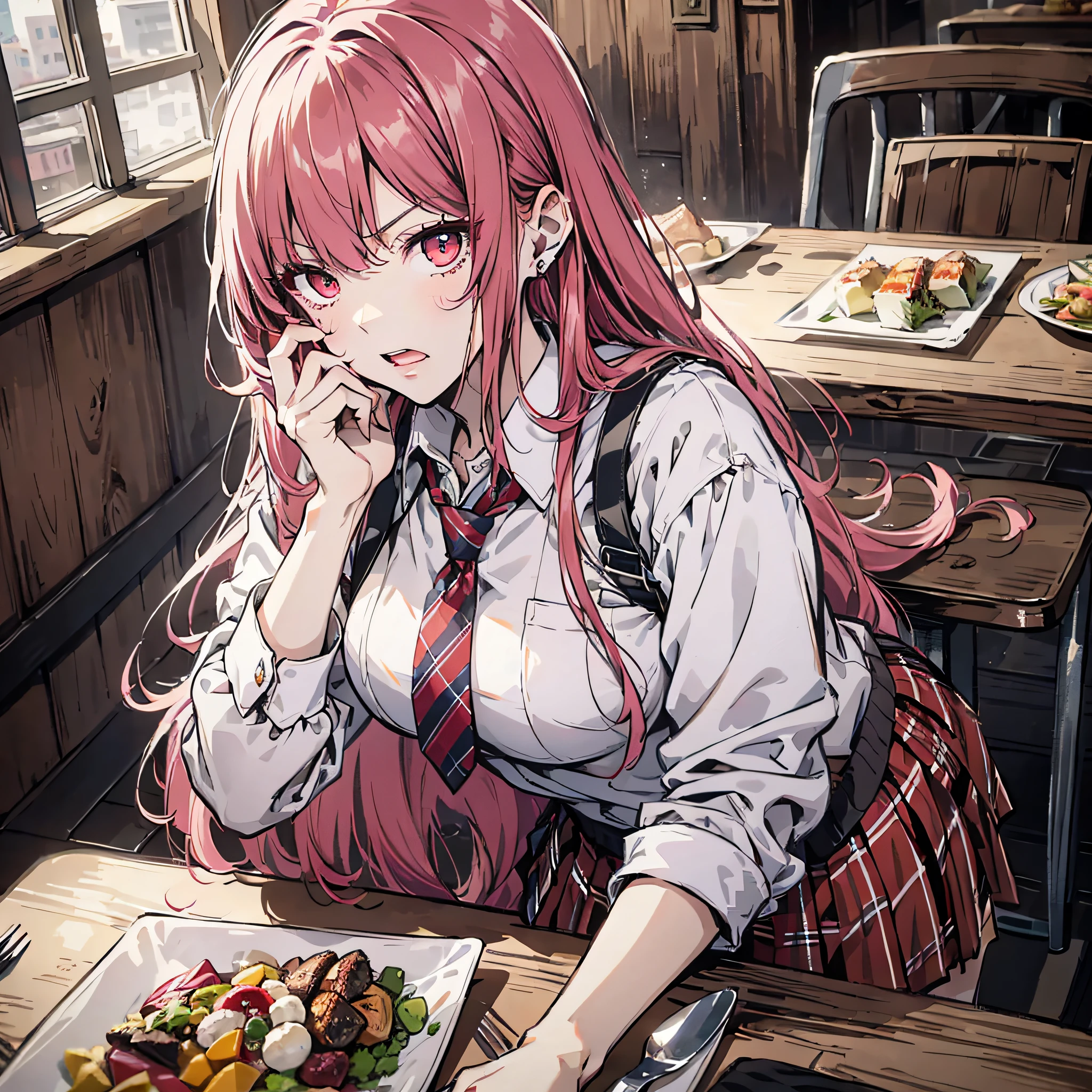 Ridiculous resolution,A high resolution,(tmasterpiece:1.4),Hyper-detailing,Pink Long Hair, 1girll, dual horsetail, Solo, red color eyes, Angry, white necktie, Pleated plaid red skirt, school uniform, Zombie role-playing,dine,dining table,Zombie Doom,Zombie outbreak
