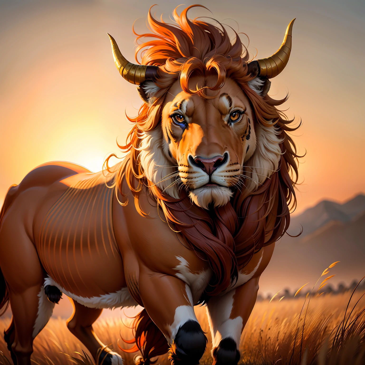 A majestic and regal bull, its golden mane flowing in the wind as it prowls through the tall grass of the savannah. In the distance, the setting sun paints the sky in shades of fiery orange and deep purple, casting a warm and welcoming glow across the African landscape.