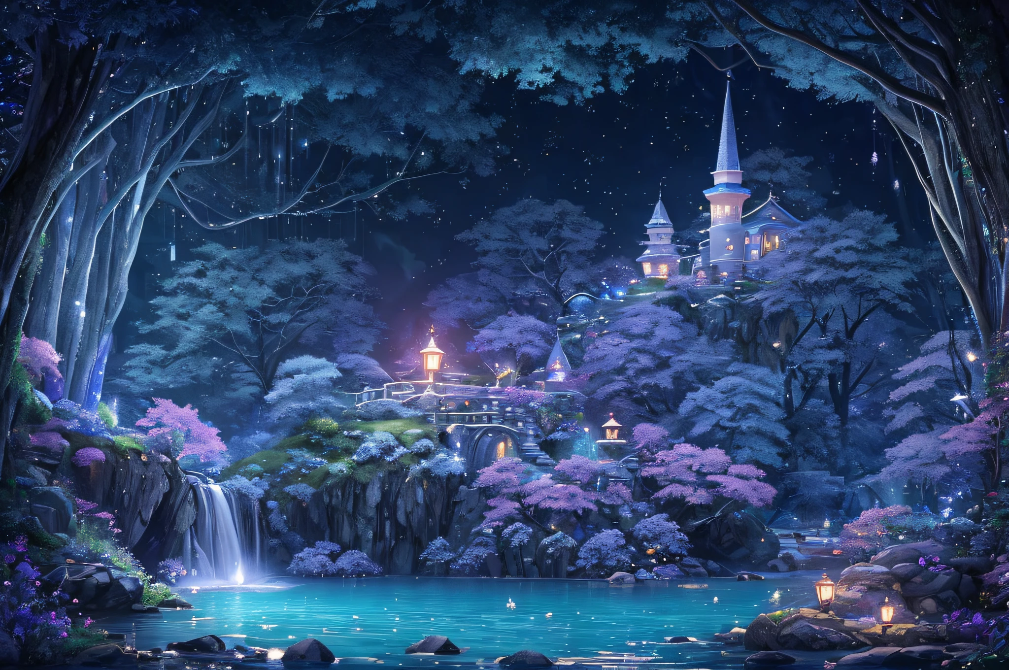 Mare's nest、lamplight、crystal、Pedras preciosas、sacred place、Forever Night、Tidal floats、chai、dream-state、dreamland、ancient times、magia、ribbons、Streamers、Mysterious plants、Pools、Forbidden Land、vortex、ln the forest、vine、extreme hight detail、16k、ultraclear、tmasterpiece、high high quality、A high resolution --auto