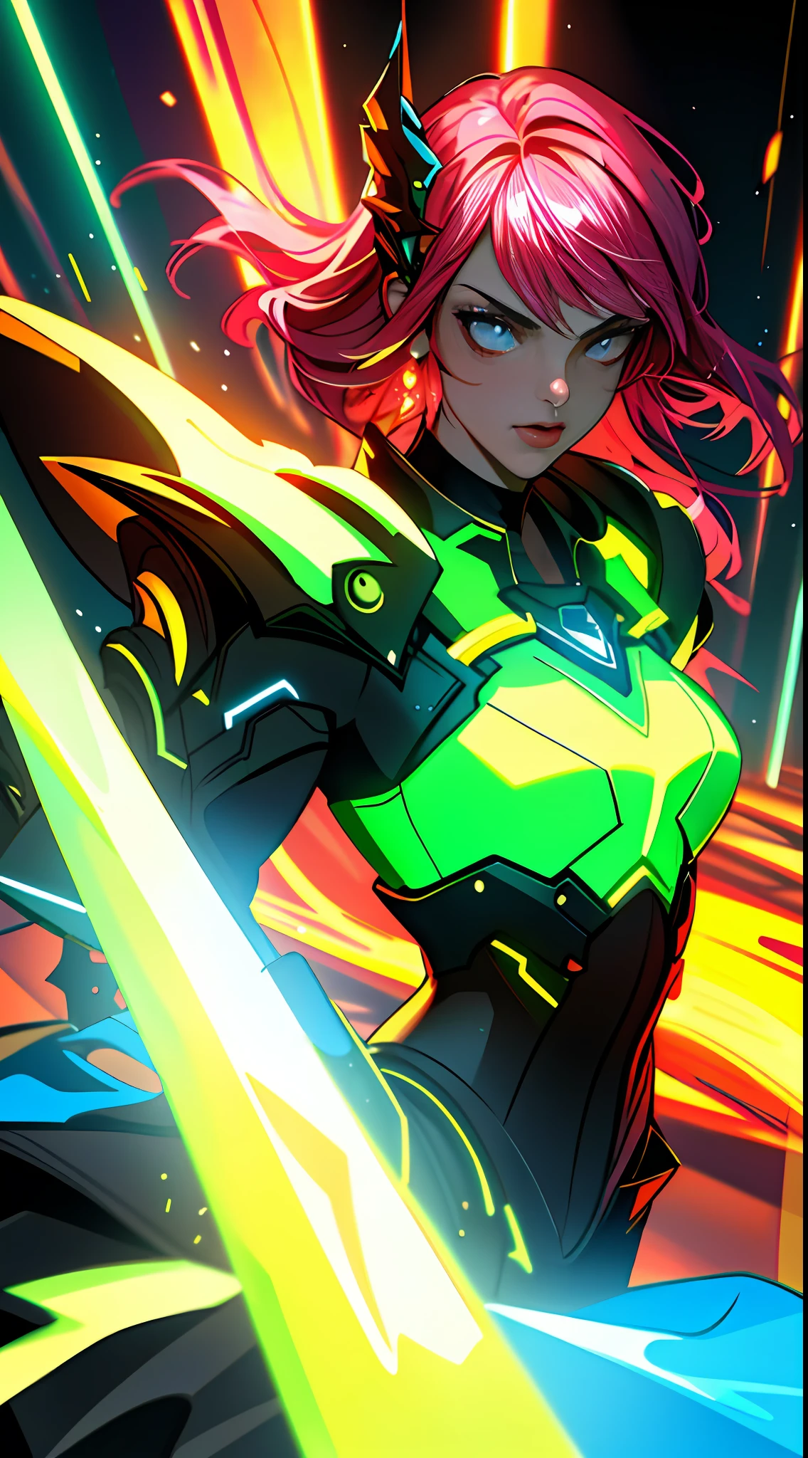 (masterpiece, best quality), 1lady, solo, masterpiece, artstation, dynamic, charming, magical, unreal engine, fantastically beautiful, illustration, dramatic lighting, rave background, neon glow, maximalist