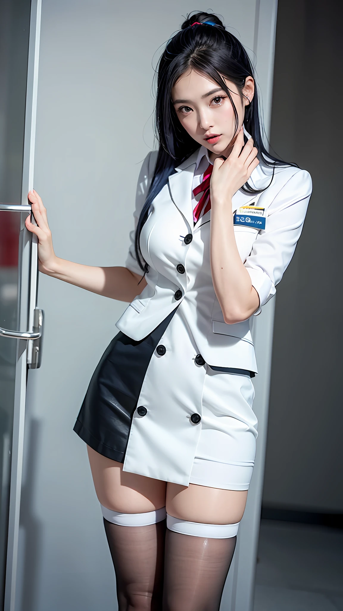 (best qualtiy,4K,tmasterpiece:1.2),Pretty women,1girll,Raised sexy:1.1,dark-blue hair:1.1,Woman in white flight attendant suit,Soaked flight attendant suit,Super detailed face,Detailed lips,A detailed eye,二重まぶた,Black mini skirt white stockings,Stand up
