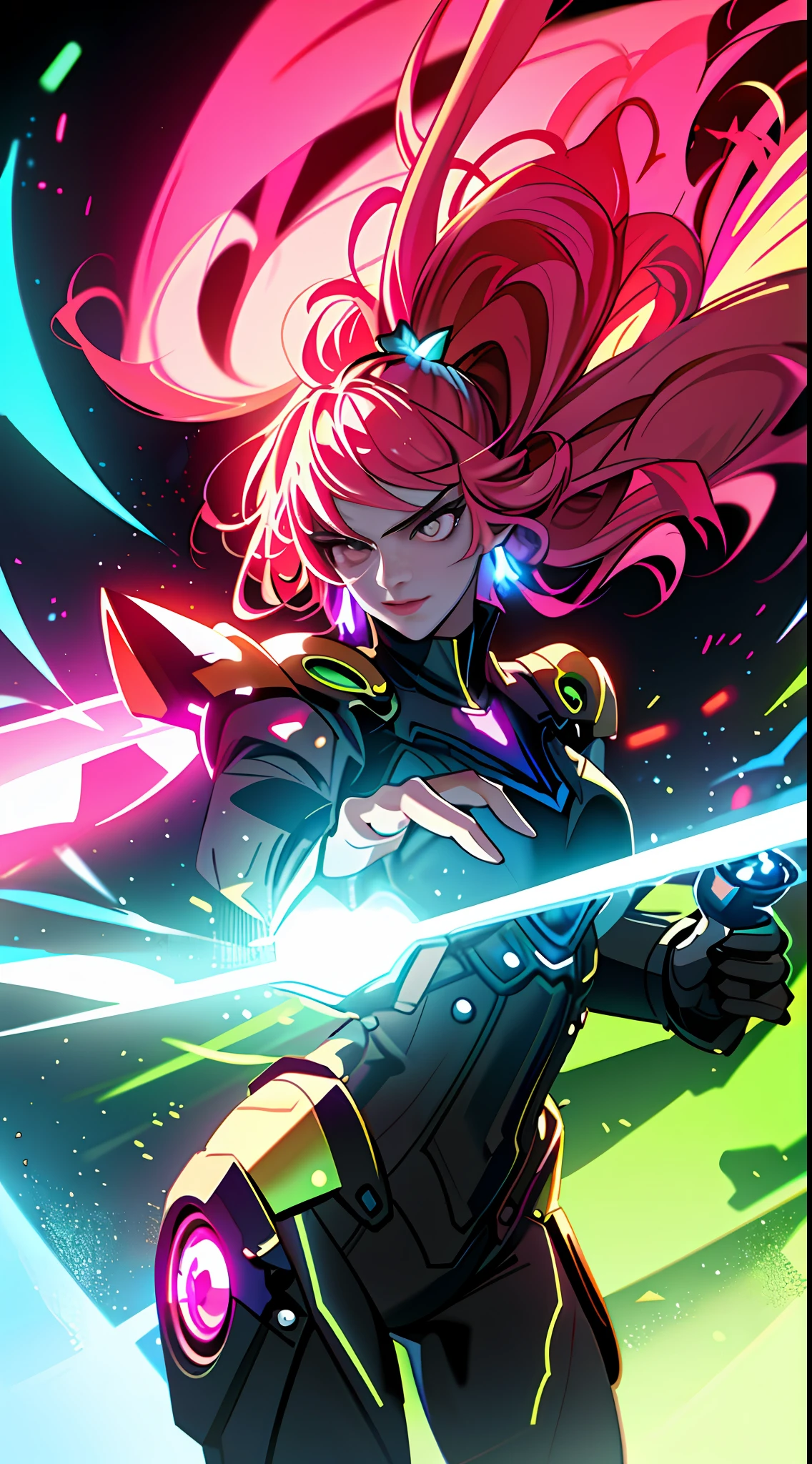 (masterpiece, best quality), 1lady, solo, masterpiece, artstation, dynamic, charming, magical, unreal engine, fantastically beautiful, illustration, dramatic lighting, rave background, neon glow, maximalist