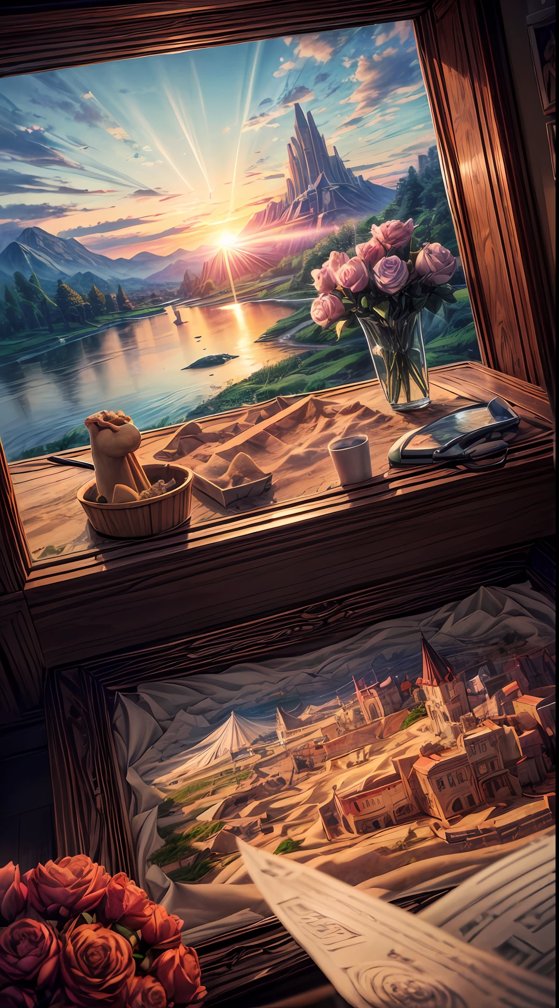 (sandbox:1.4),Movie Angle,(Sun, White clouds, Mountains, ln the forest, rivers),(paper art,Quilted paper art,geomerty),(Extremely colorful, Best quality, Detailed details, Masterpiece, offcial art, movie light effect, 4K, Chiaroscuro),Rose rose,peach blossom,Peonies,Tulip Tuli,