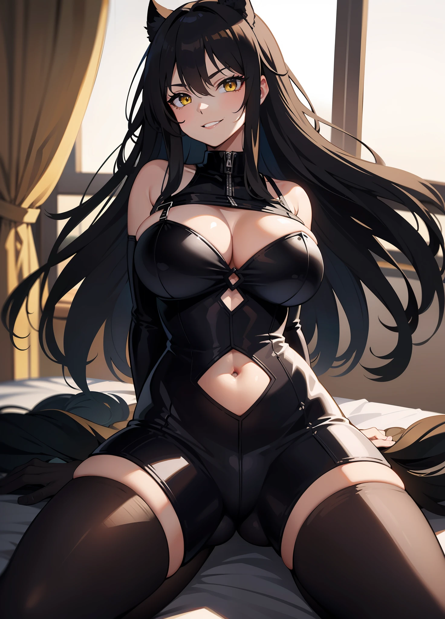 solo female, black hair, long hair, yellow eyes, dominatrix, black bodysuit, navel window, big breasts, evil smile