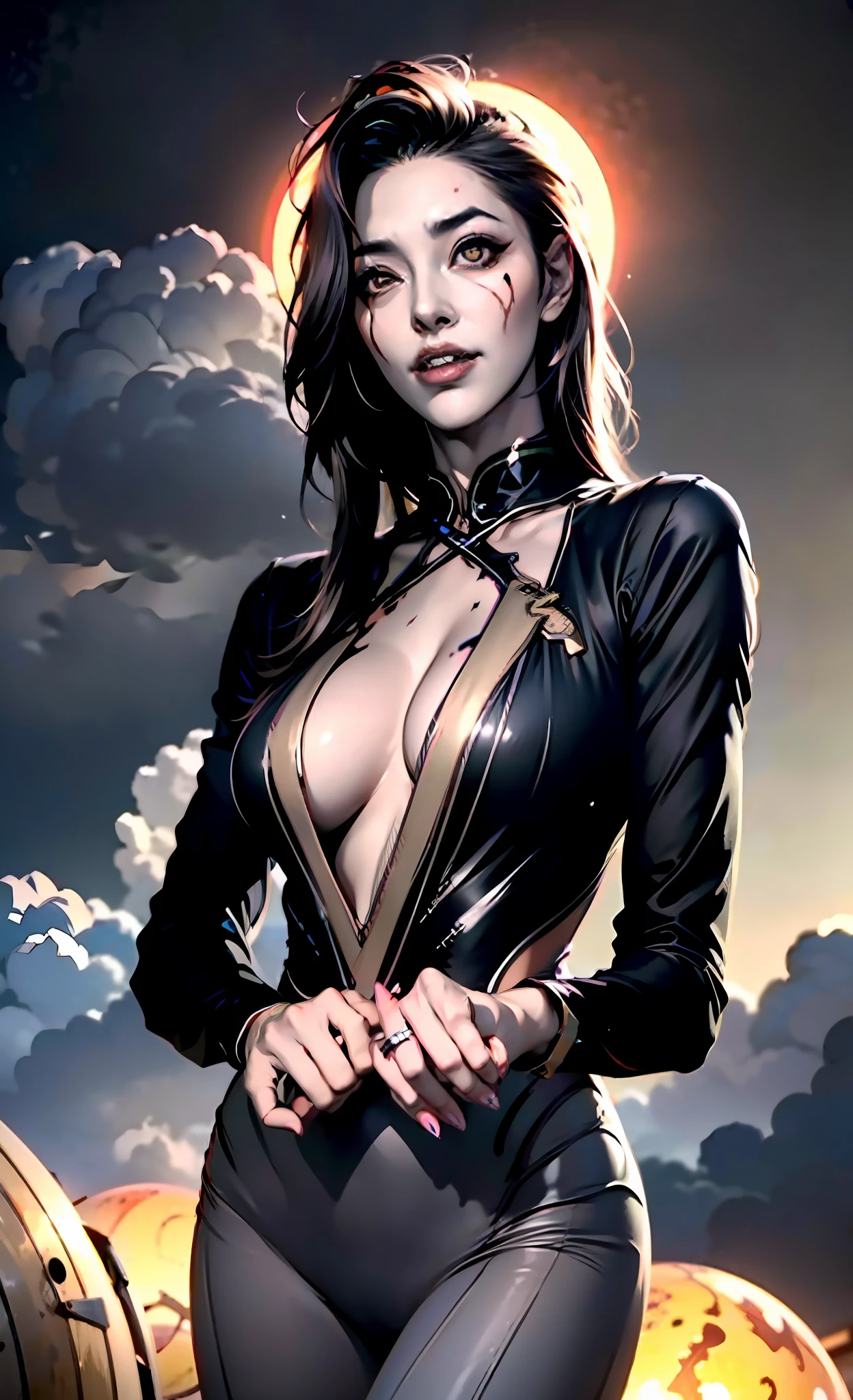 (beste-Qualit), (tmasterpiece), (Gloomy color scheme:1.5), ((Close-up of a girl in a suit)), 1girl in costume, androgynous vampire, junji ito 4 k, with long dark hair, ito junji art, style of junji ito, Dark Costume, portrait of sadako of the ring, Gentle androgynous princess , Beautiful androgynous princess , with her long black hair, girl in suit, stocklings, (big yellow eyes:1.3), fangs, detailing, (generous cleavage), Burst breasts, extra high resolution, 8K, (The blood on her lips runs down her neck), (Lovely Medium Breasts), perfect anatomy, (Gloomy color scheme:1.5), (shapely body), Microthongs, Beautiful slender legs, sexypose, (Hands Behind Your Back:1.2), (Looking down), (The gaze is directed downwards), (Night Sky Background: Red Moon)