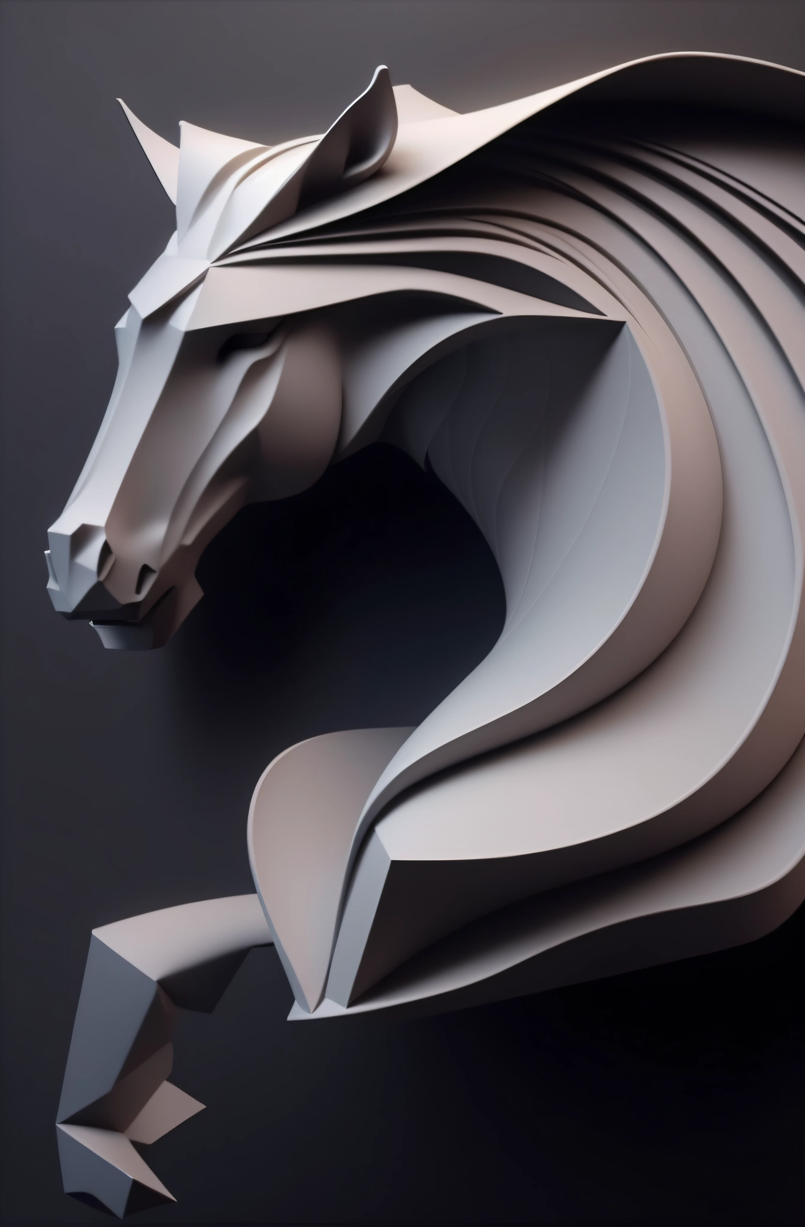 There is a horse's head made of paper on a black background, Detailed digital 3D art, abstract 3 d artwork, 3D digital art 4K, digital horse, 3D coloring art, 3d sculpture, 3d sculpture, paper modeling art, stylized 3 d graphics, 4K detailed digital art, 3d geometric abstract art, 3D digital art --auto
