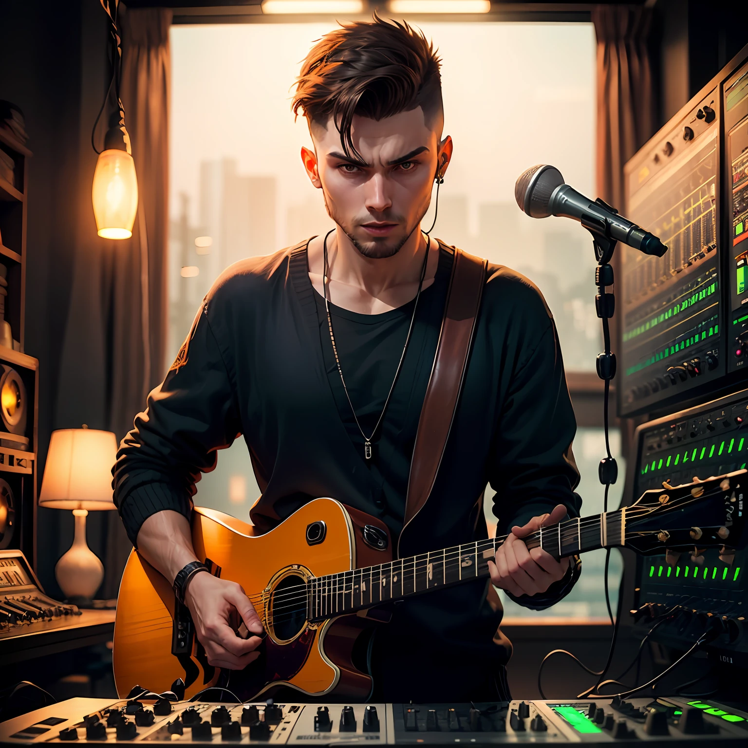 production songwriting, pushing sound, cinematic, epic, enthusiastic 19-year moderately sporty russian man in black cardigan with dark-brown hair short men's Undercut haircut in the dark orange recording studio with green lamps do sound mastering and sound production, oscillators, audio editing, rock music