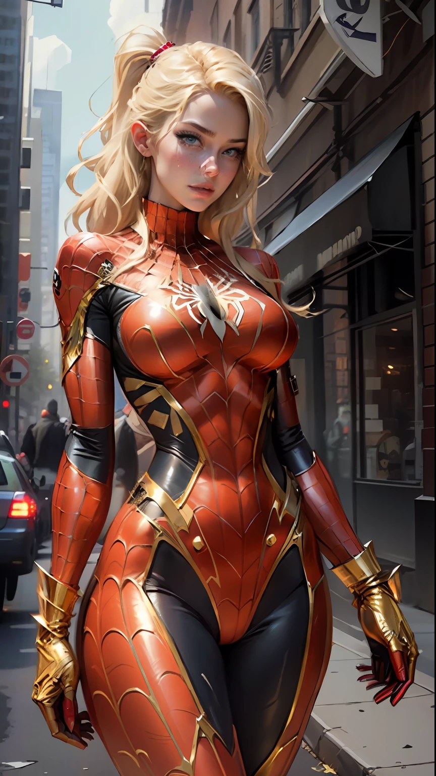 Beautiful blonde woman detailed defined body using gold spider man cosplay, huge breasts