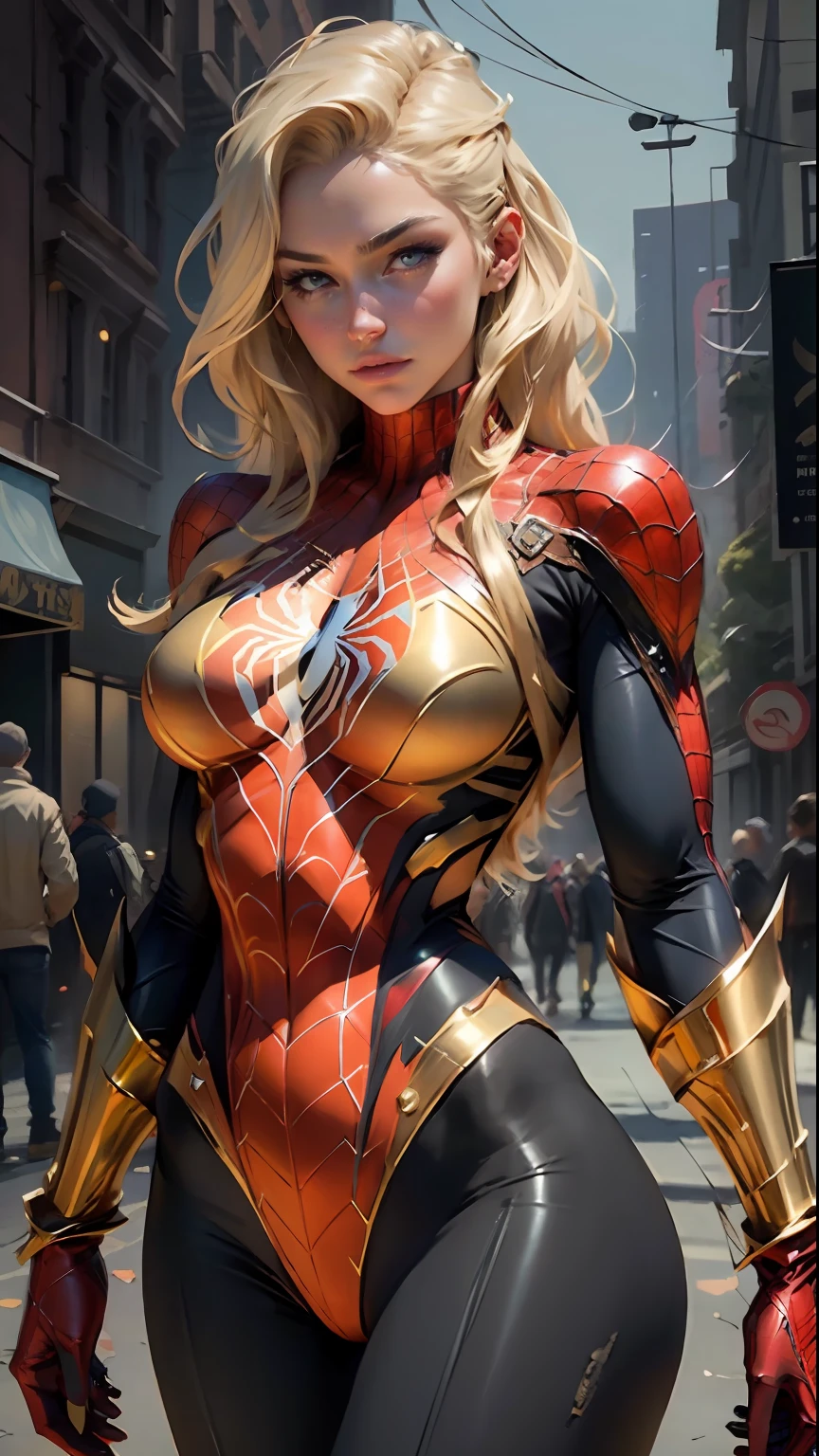 Beautiful blonde woman detailed defined body using gold spider man cosplay, huge breasts