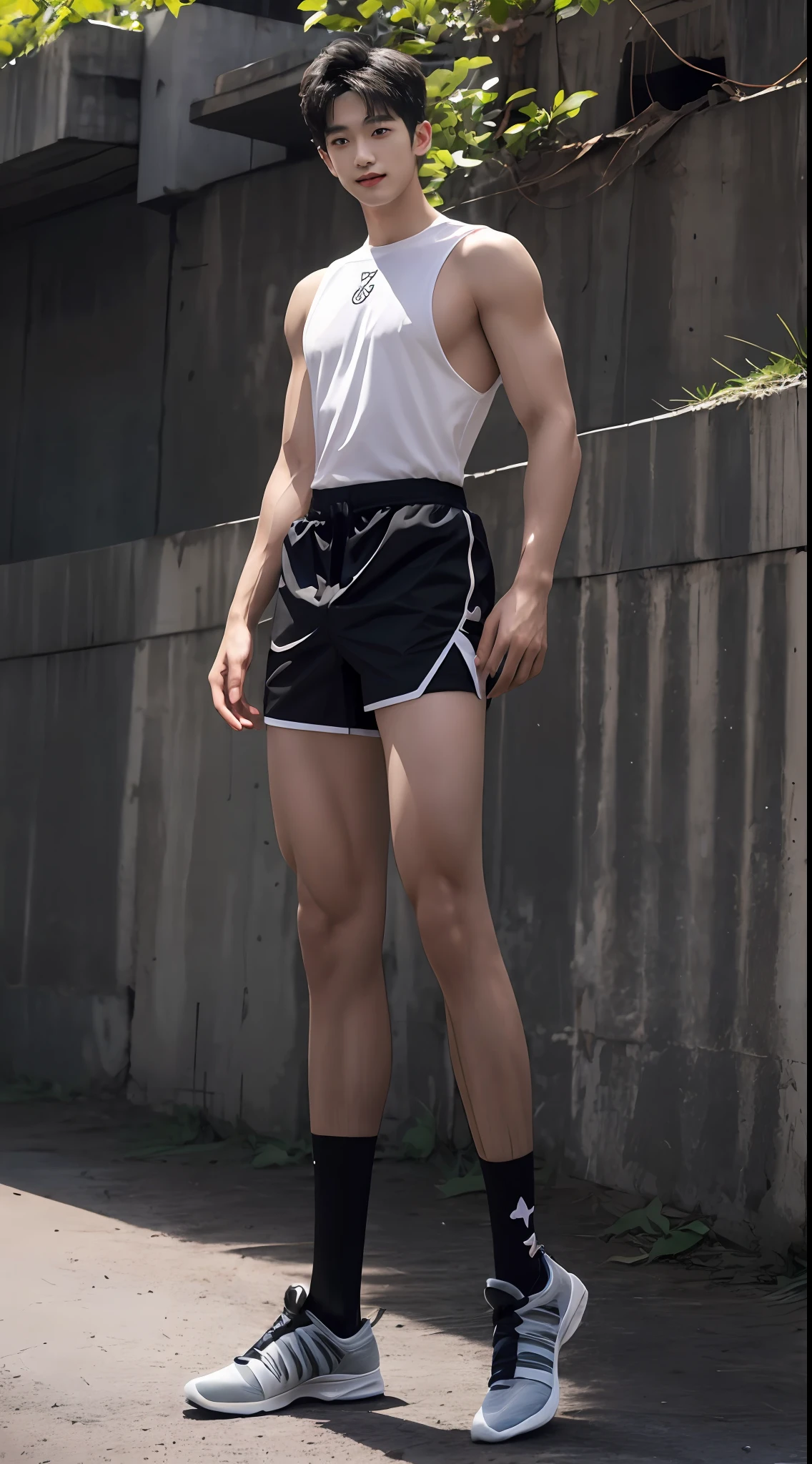 （A lovely Shota：2），full bodyesbian，Heads-up view，malefocus，Looking_at_peeping at the viewer，16 yaers old，Awl face，Tall，（Tall guy：2），Super tall，（500cm height：2），Excellent body proportions，（slender leg：2），Twice the length of the legs，small heads，（Lovely and pretty：2），（The face of an anime man），（Very detailed beautiful face and eyes：2），（Big bright eyes：1.2），Sharp eyeliner，Clear and beautiful face，with short black hair，（Correct facial features），（low head：1.5），（having fun，grinning smile），（Men's combat uniform：2），men's hugedick shorts，Muscle firming，（Wide shoulders and narrow waist：2），Sports men's socks，soccer cleats，Detailed muscle texture，Highlights muscle structure，In the ruins of the city，（standing straight：4），（full length shoot），Stay away from the lens，Show full body surrealism, (Photorealistic detail), Incredible accuracy, lifelike textures, masterful technique, Jaw-dropping precision, artistic dedication，（anatomy correct），a slight light，exquisite detailing，Best quality，stunning masterpiece，CG