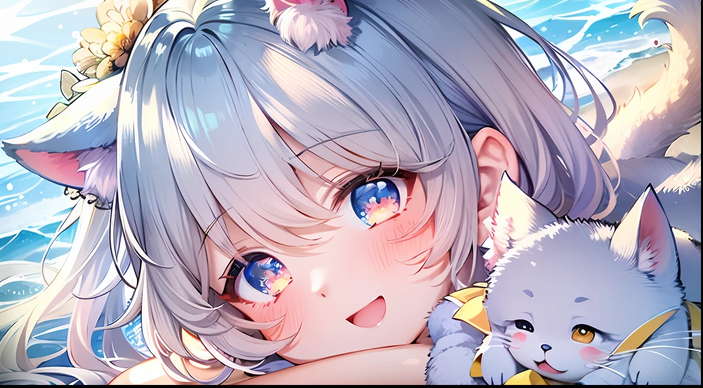 ((4k,masterpiece,best quality)),an extremely cute and beautiful girl with cat ears,beautiful light blue short hair,bangs pinned back,ahoge,colored inner hair,highly detailed beautiful face and yellow eyes,cute,blush,swim suit,beach,super fine illustration,shiney sun lighting,sky blue tone