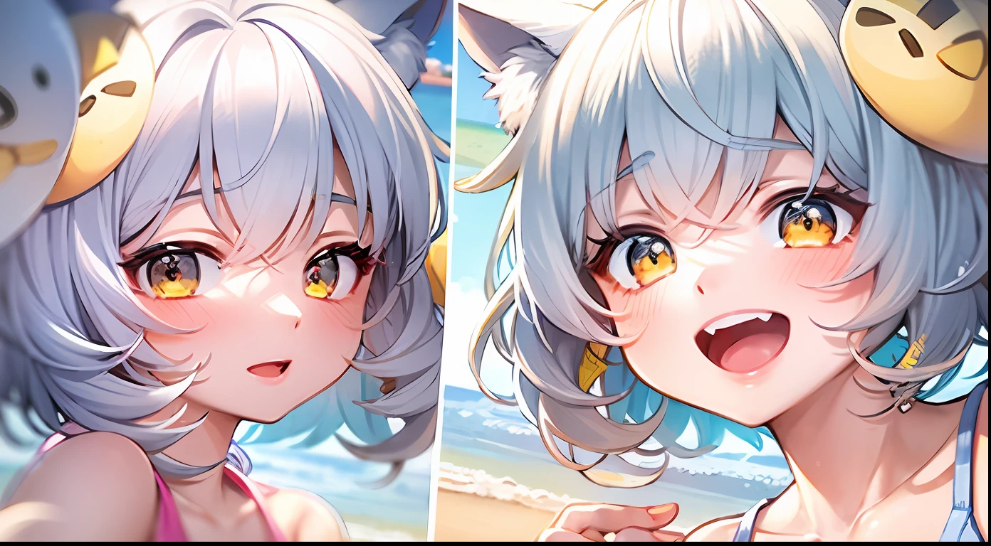 ((4k,masterpiece,best quality)),an extremely cute and beautiful girl with cat ears,beautiful light blue short hair,bangs pinned back,ahoge,colored inner hair,highly detailed beautiful face and yellow eyes,cute,blush,swim suit,beach,super fine illustration,shiney sun lighting,sky blue tone