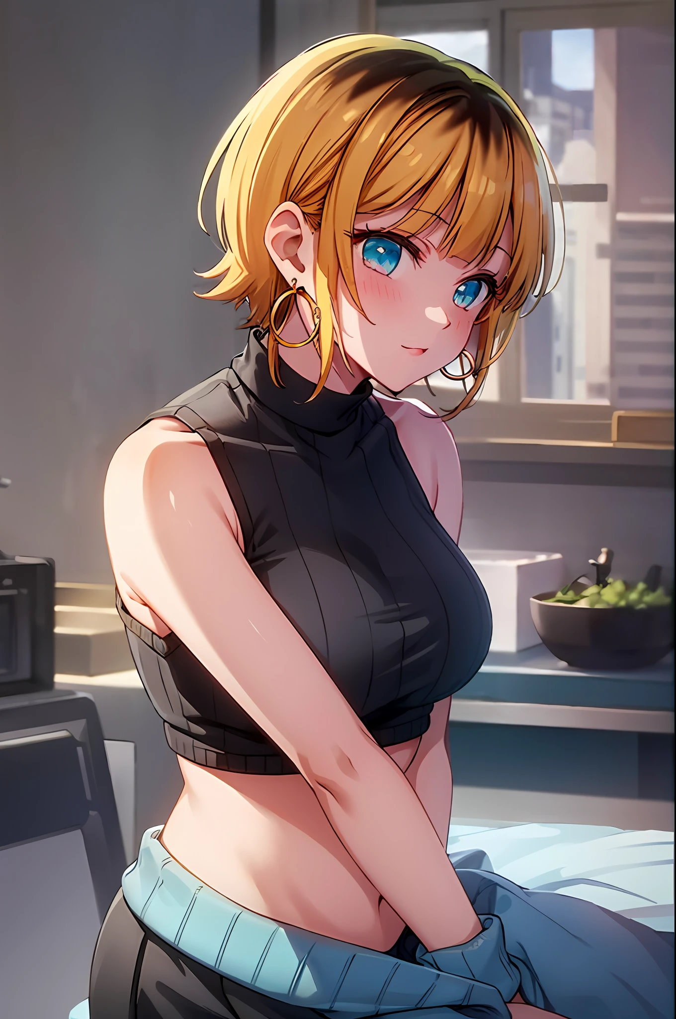 ​masterpiece, hightquality, Hi-Res, MEMcho, Indoors, cowboy  shot, Black skirt, The shirt, off shoulders, off-the-shoulder sweater, (Light blue sweater:1.2), sleeveless shirts, High Neck Sleeveless Shirt, Black shirt, Sweaters, Sweater sleeve wrist too much, sitting on, hoop earrings,animesque、a blond、only the head is black,、4K