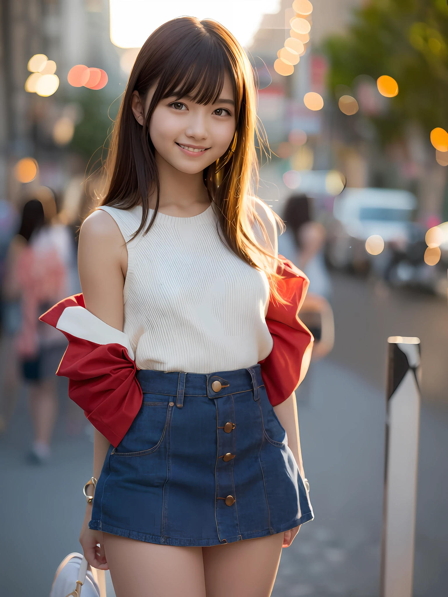 Summer style、17-year-old woman、realisitic、Live action、Fantastical、a miniskirt、The hem of the miniskirt soars、Close to face、Looking at the camera、Happy smile、The background is bokeh、Orange sunset