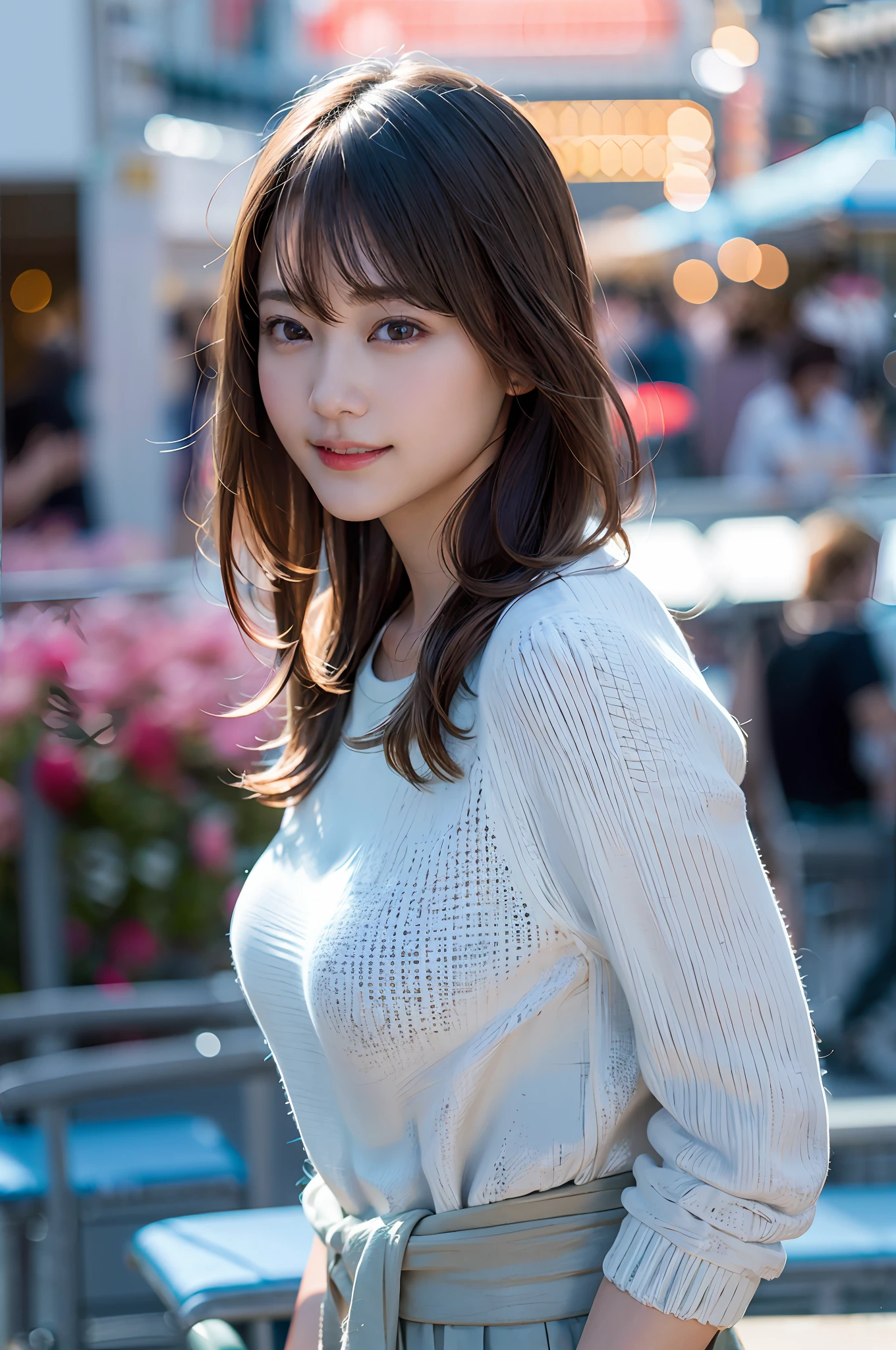 (8k, RAW photo, best quality, masterpiece:1.2), (realistic, photo-realistic:1.37), ultra-detailed, ultra high res,1 girl,looking at viewer,beautiful detailed face,smile,narrow,(slim waist:1.3),shirt, beautiful detailed skin, skin texture, floating hair,professional lighting,