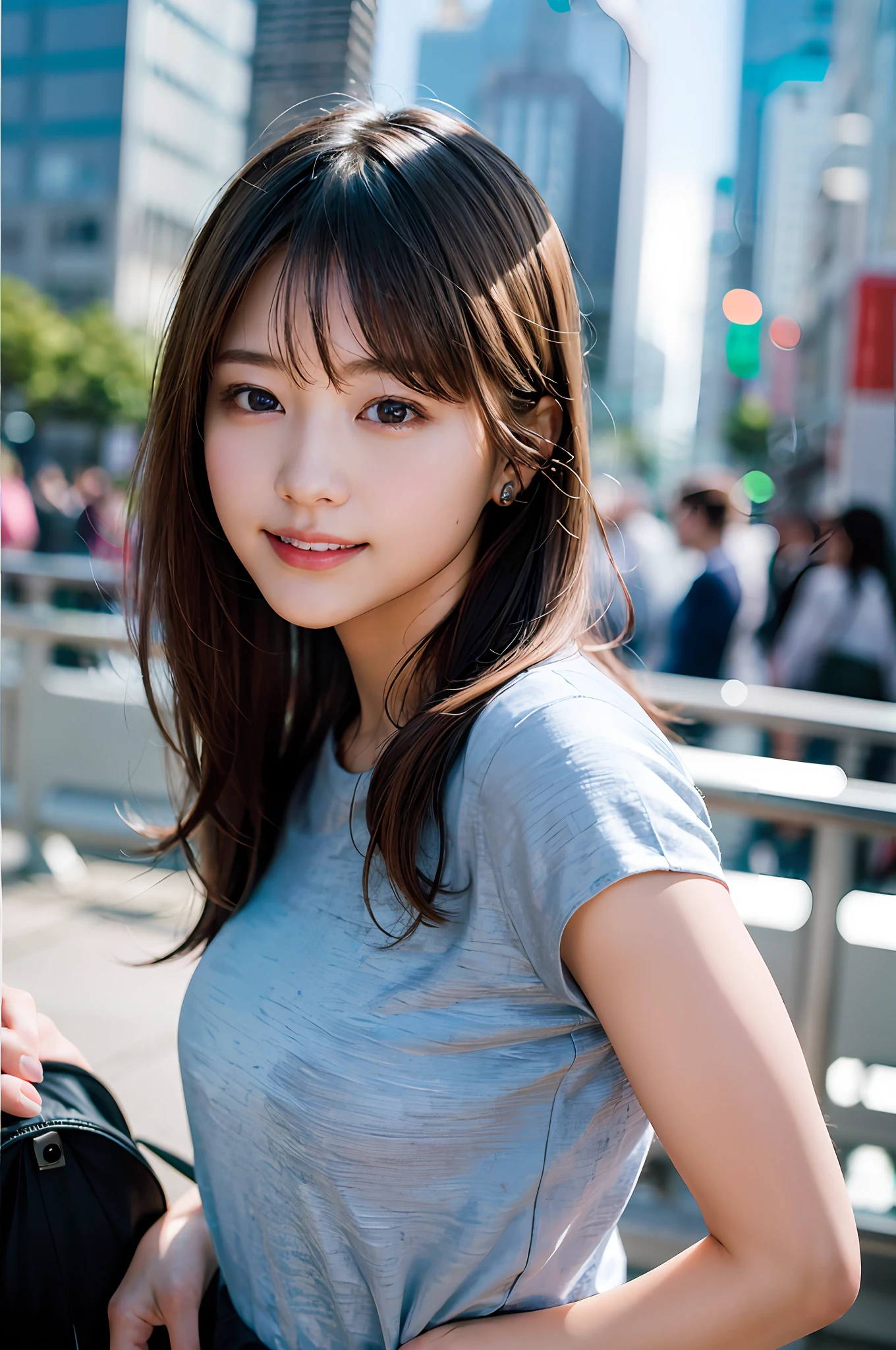 (8k, RAW photo, best quality, masterpiece:1.2), (realistic, photo-realistic:1.37), ultra-detailed, ultra high res,1 girl,looking at viewer,beautiful detailed face,smile,narrow,(slim waist:1.3),shirt, beautiful detailed skin, skin texture, floating hair,professional lighting,