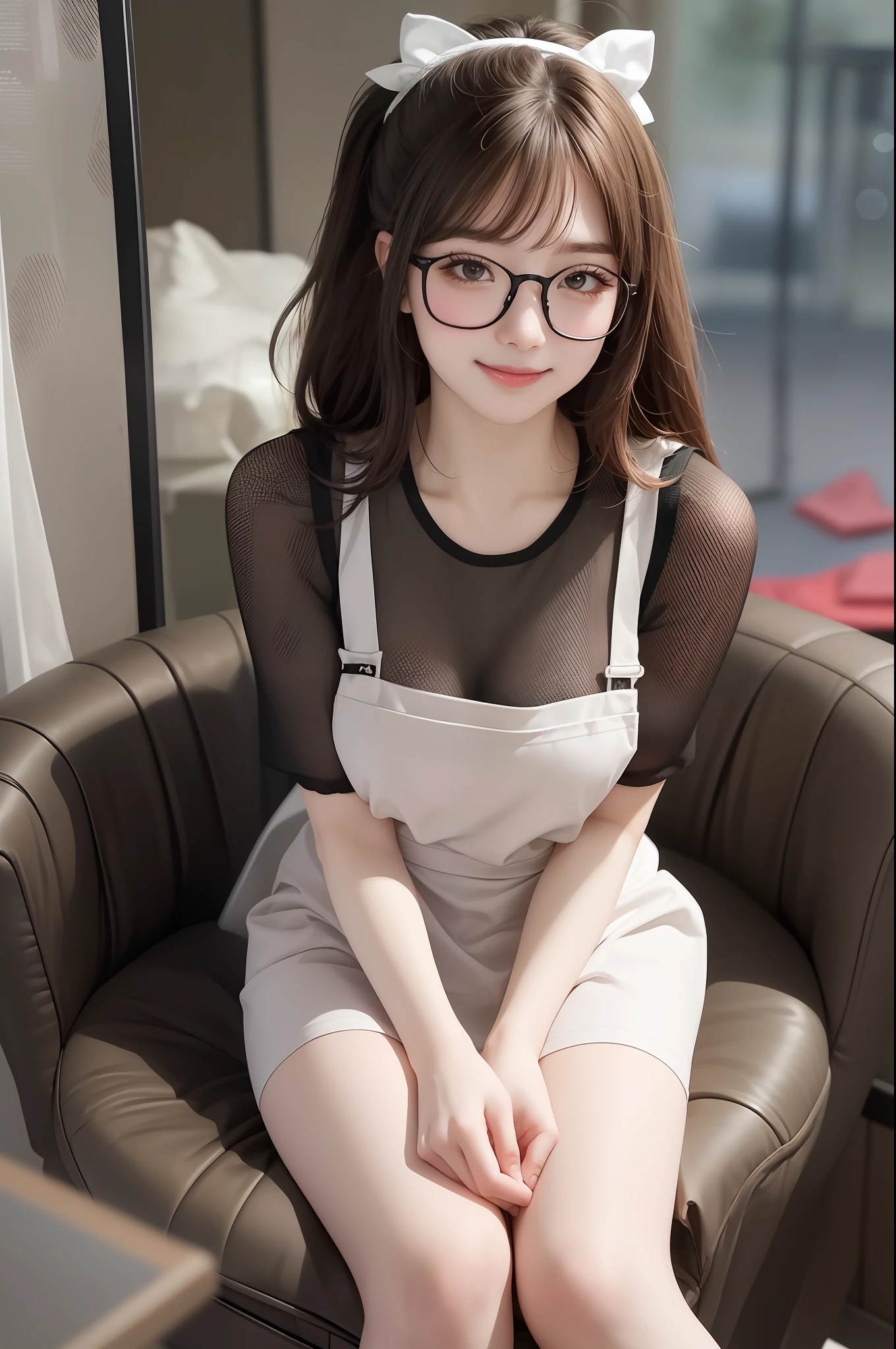 ((22 year old girl in an apron)), (Kpop idol), sit on chair, dynamicposes,wears glasses, paleskin, (((Natural breasts,))), (aegyo sal:1.1), (a narrow waist), The long((Low double tail)), A brown-haired, (puffy eye)), looks away, ssmile, Raised sexy, Air bangs, inside in room, public, (Bokeh), ultra - detailed, best qualtiy, 超高分辨率, (NSFW:1.1),