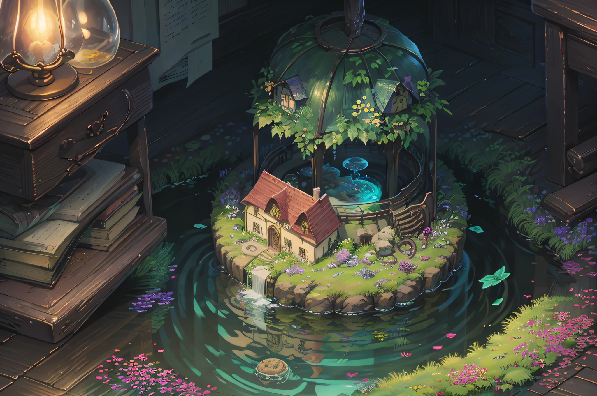 Mare's nest、lamplight、altar、jelly fish、Forever Night、Tidal floats、chai、dream-state、dreamland、ancient times、magia、ribbons、Streamers、Mysterious plants、Pools、Forbidden Land、vortex、ln the forest、vine、extreme hight detail、16k、ultraclear、tmasterpiece、high high quality、A high resolution --auto