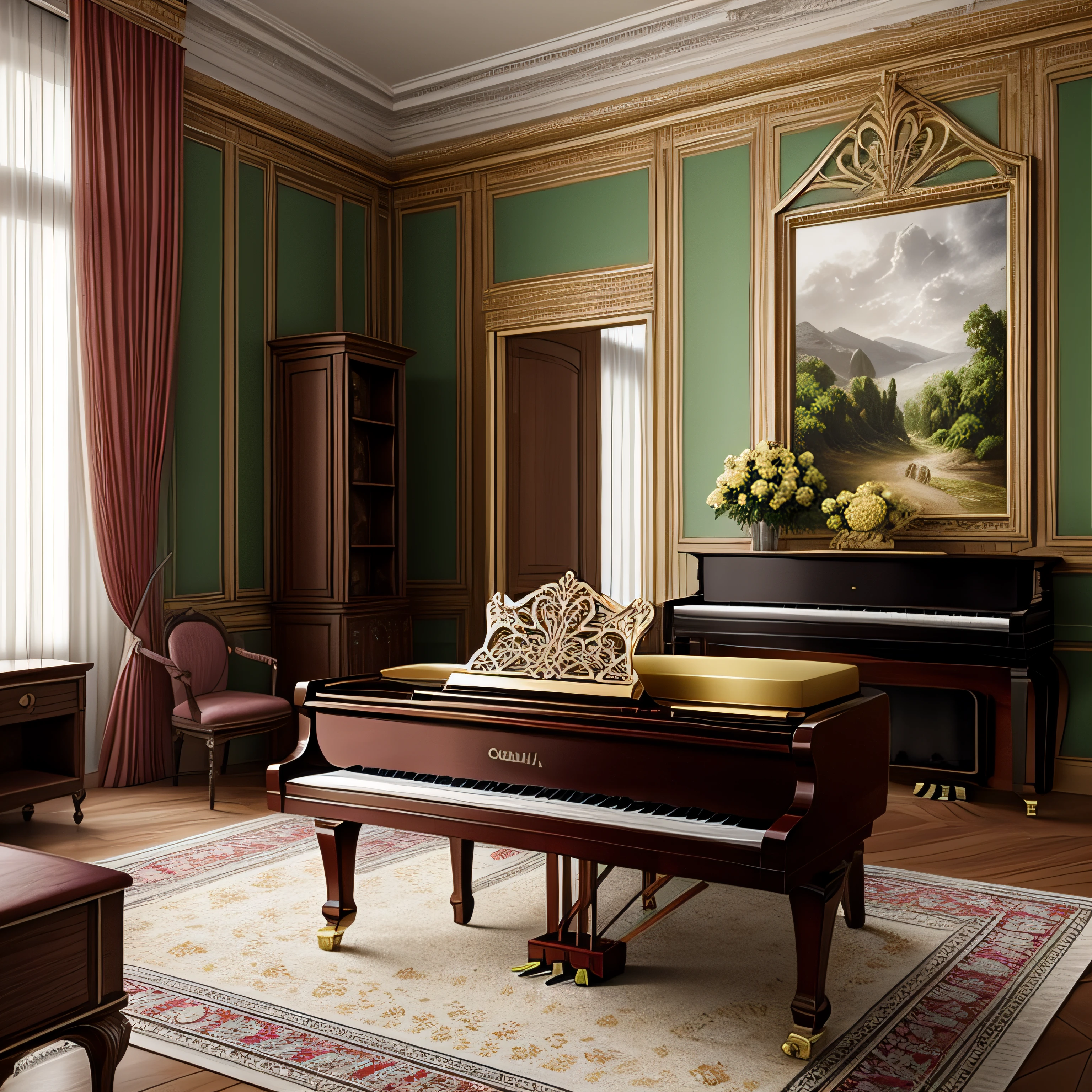 epic realistic photography, um desenho de umaave (coruja) in a classic room, com um piano antigo, --auto