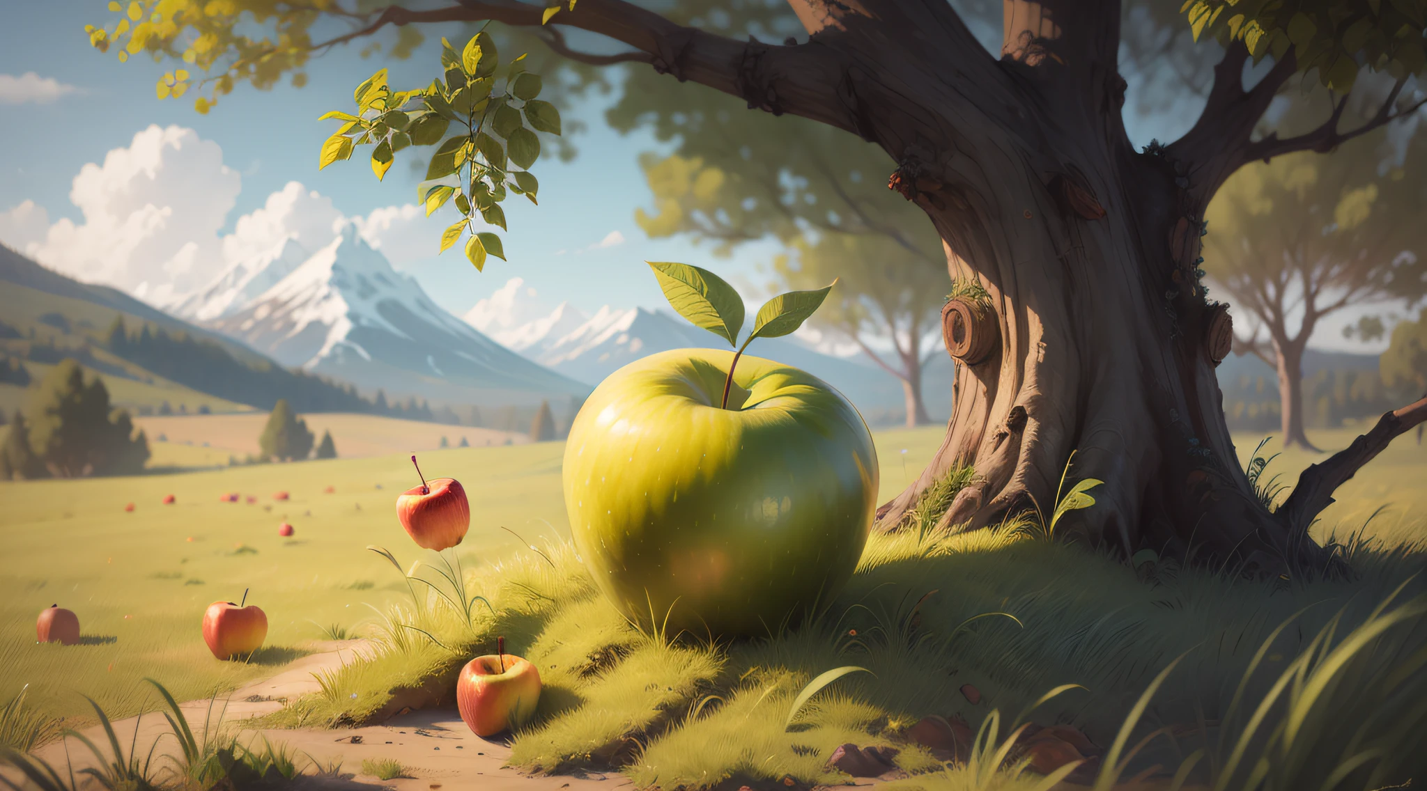 Drawing, ultra realistic, 8k, extremely detailed, in the best quality, a tree, with apples, in a grassy field.