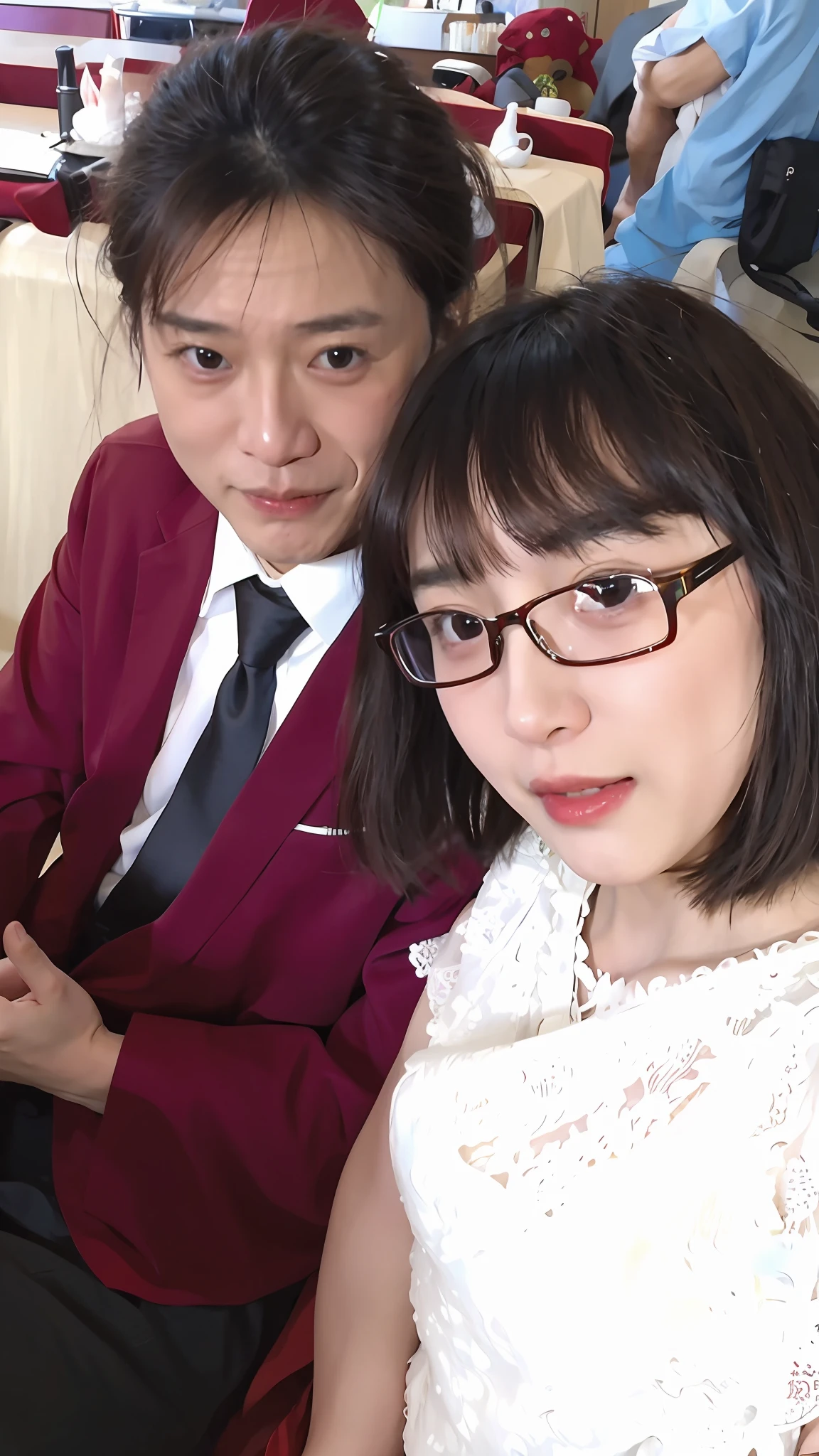 there are two people sitting at a table with glasses on, ayami kojima and yoshitaka amano, wedding photo, lovely couple, ruan jia and fenghua zhong, with her long, happy!!!, ruan jia and brom, wedding, profile pic, profile picture, yukio - e, profile picture 1024px