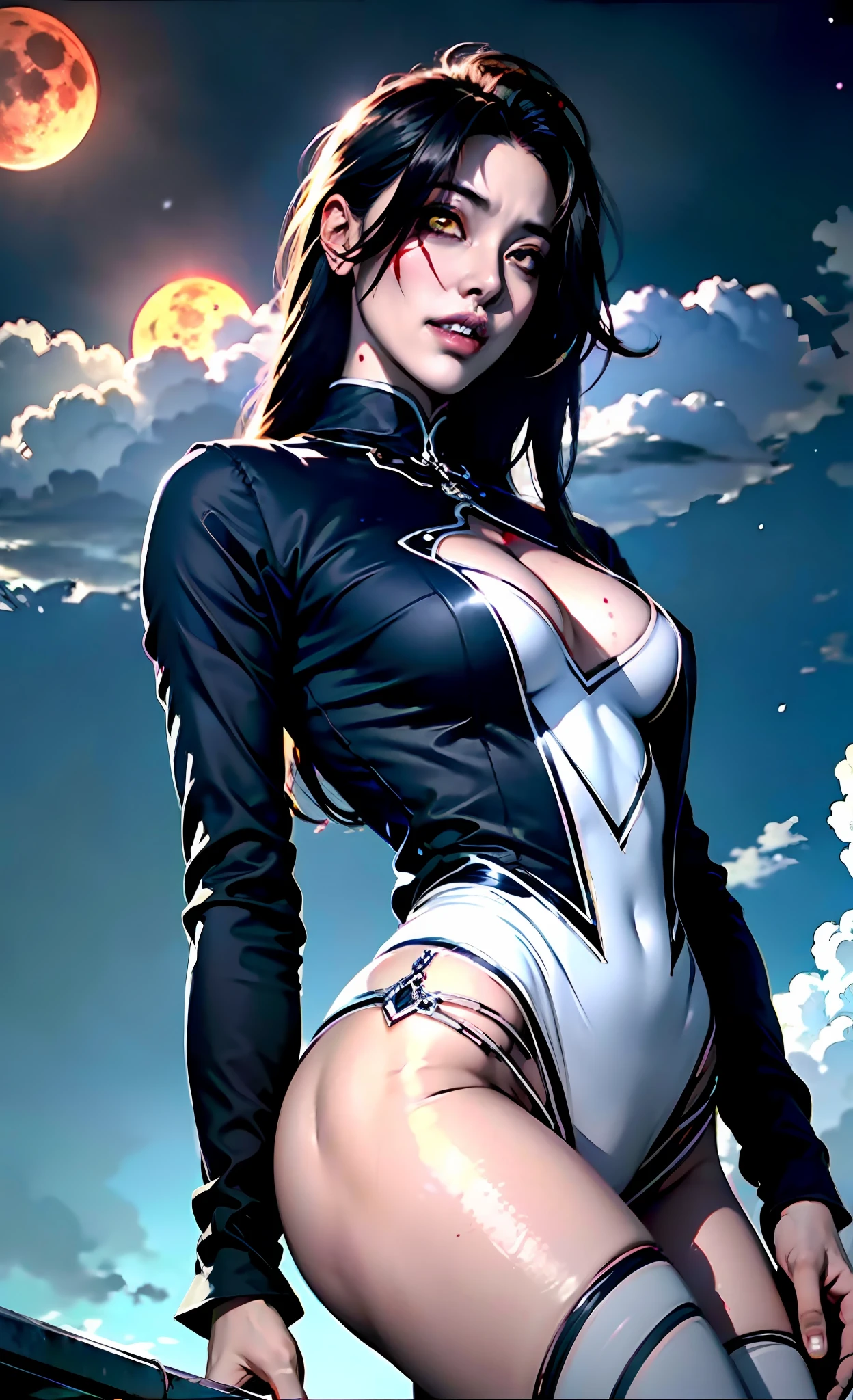 (beste-Qualit), (tmasterpiece), (Gloomy color scheme:1.5), ((Close-up of a girl in a suit)), 1girl in costume, androgynous vampire, junji ito 4 k, with long dark hair, ito junji art, style of junji ito, Dark Costume, portrait of sadako of the ring, Gentle androgynous princess , Beautiful androgynous princess , with her long black hair, girl in suit, stocklings, (big yellow eyes:1.3), fangs, detailing, (generous ), Burst breasts,high resolution, 8K, (The blood on her lips runs down her neck), (Lovely Medium Breasts), perfeomy, (Gloomy color scheme:1.5), (shapely body), Microthongs, Beautiful slender legs, sexypose, (Hands Behinour Back:1.2), (Looking down), (The gaze is directed downwards), (Night Sky Background: Red Moon)