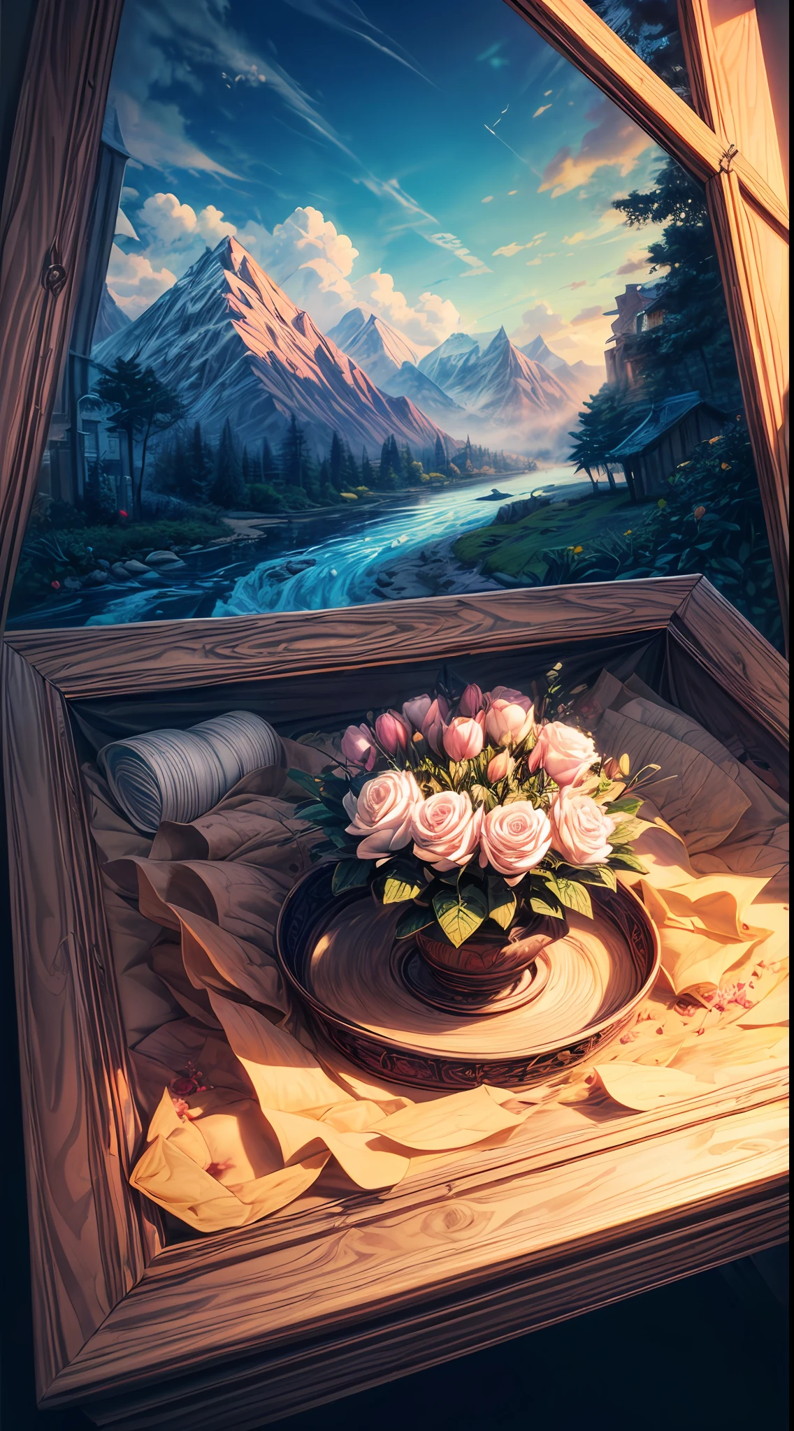 (sandbox:1.4),Movie Angle,(Sun, White clouds, Mountains, ln the forest, rivers),(paper art,Quilted paper art,geomerty),(Extremely colorful, Best quality, Detailed details, Masterpiece, offcial art, movie light effect, 4K, Chiaroscuro),Rose rose,peach blossom,Peonies,Tulip Tuli,