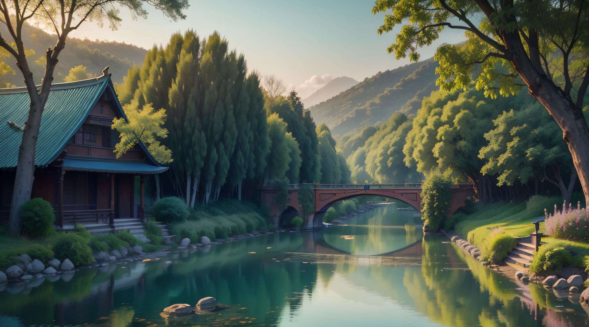 At dusk, green trees, willows flying, surrounded by blue water, small bridges and flowing water, antique color, floral fragrance, warm as jade, birds singing and flowers, water town paintings, leisurely, real photography, 16K resolution