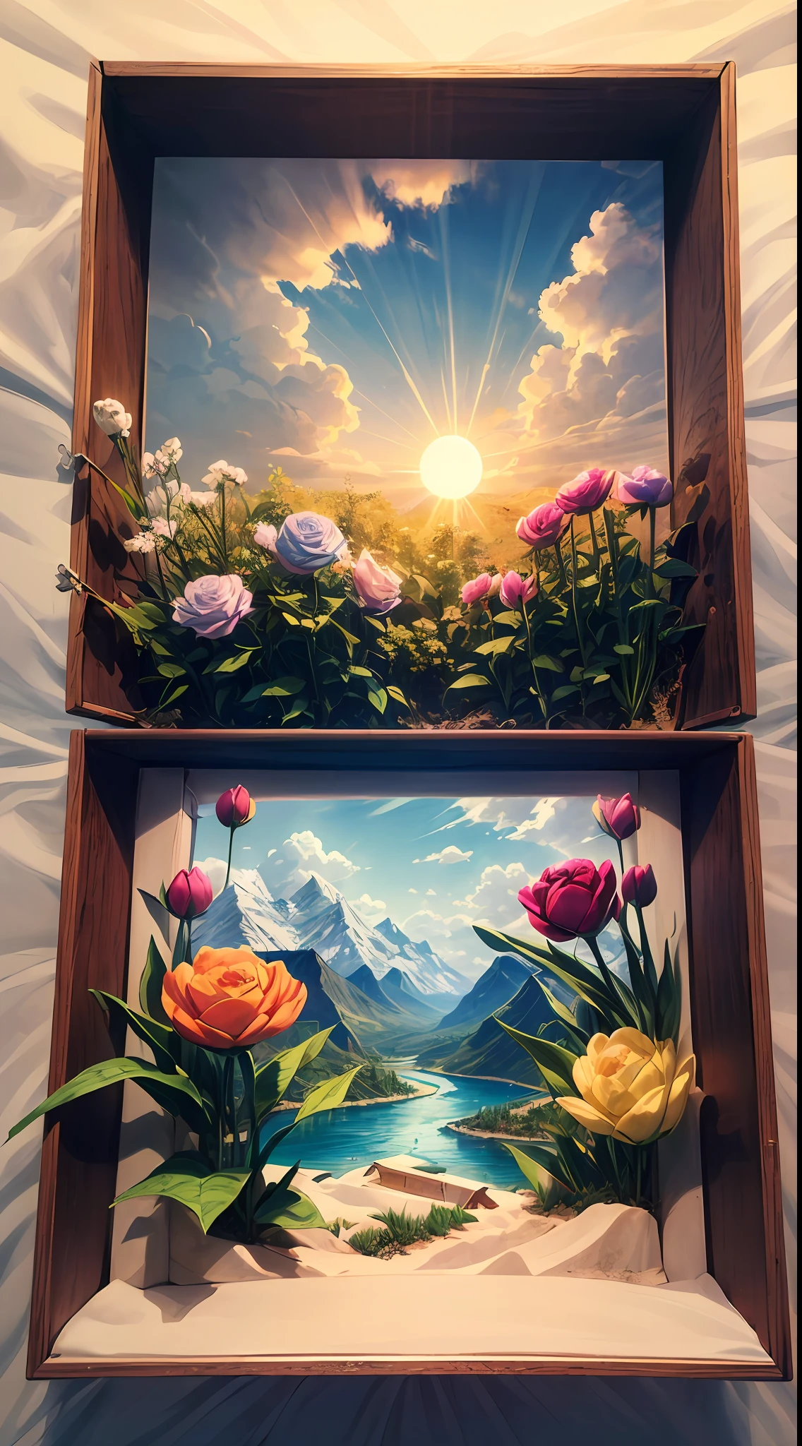 (sandbox:1.4),Movie Angle,(Sun, White clouds, Mountains, ln the forest, rivers),(paper art,Quilted paper art,geomerty),(Extremely colorful, Best quality, Detailed details, Masterpiece, offcial art, movie light effect, 4K, Chiaroscuro)，Rose rose，peach blossom，Peonies，Tulip Tuli，