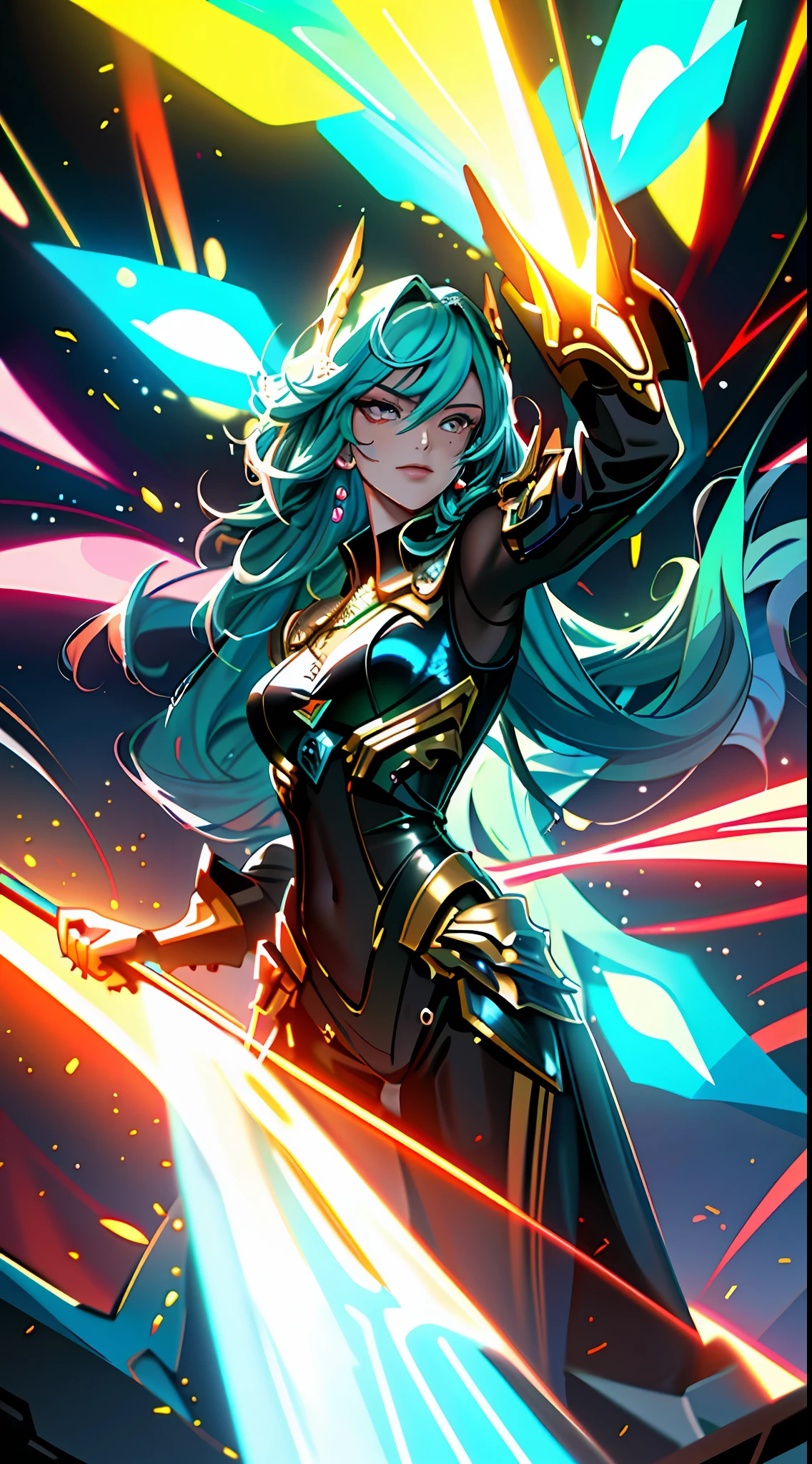 (masterpiece, best quality), 1lady, solo, masterpiece, artstation, dynamic, charming, magical, unreal engine, fantastically beautiful, illustration, dramatic lighting, rave background, neon glow, maximalist