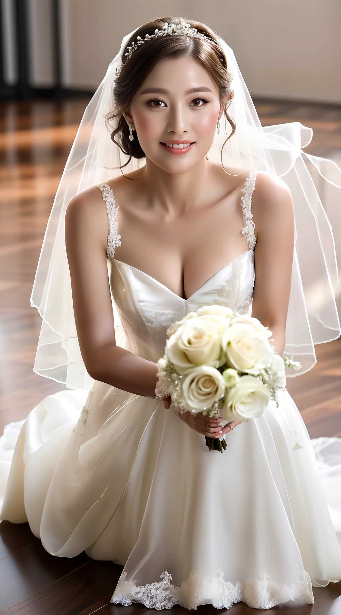 A girl wearing a(Transparent wedding dress)Beautiful girl holding a bouquet of flowers，Nice real face，Detailed skin texture，ssmile，fully body photo，Beautiful sexy dress，Wearing a beautiful dress that is transparent，wearing organza gown，Wear sexy long dresses，Romantic sexy dress，ethereal details，White dress，sexy gown，clear curvy details，offcial dress，Highlight feminine characteristics，in wedding dresses，Close-up portrait shot，A flowing women's wedding dress，(Knelt，on the floor on all fours，crouched，hindquarters，Lift up your wedding dress，revealing transparent panties:1.4)