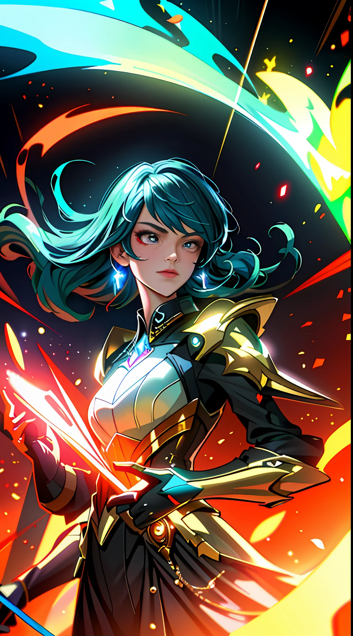 (masterpiece, best quality), 1lady, solo, masterpiece, artstation, dynamic, charming, magical, unreal engine, fantastically beautiful, illustration, dramatic lighting, rave background, neon glow, maximalist