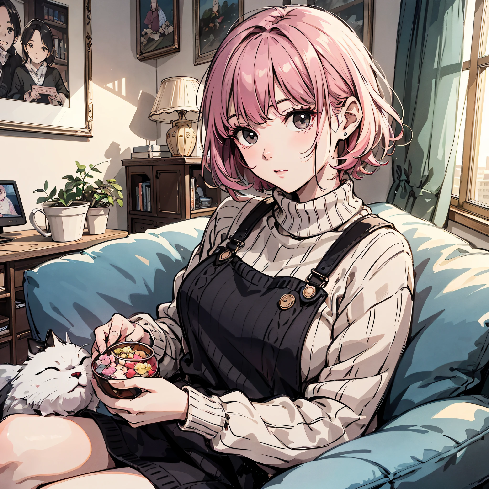 Ridiculous resolution,A high resolution,(tmasterpiece:1.4),Hyper-detailing,pink short hair, 1 middle-aged woman,, Solo, Black eyes,, house wife,aprons, sobu,Sit on the sofa,Knitting sweaters(1.1),watching tv