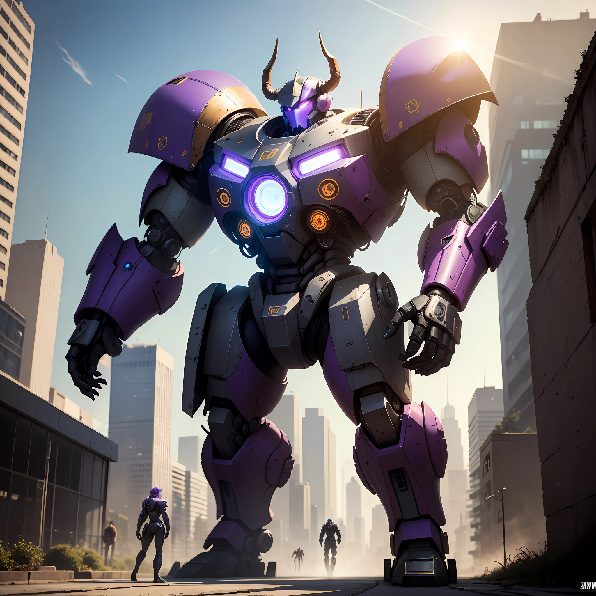 Huge purple minotaur mech 1.2，cyber punk perssonage，Stand in the city，Tech cannons，Plenty of sunshine，8K，giant mecha，the detail，Steel texture，Sense of oppression，