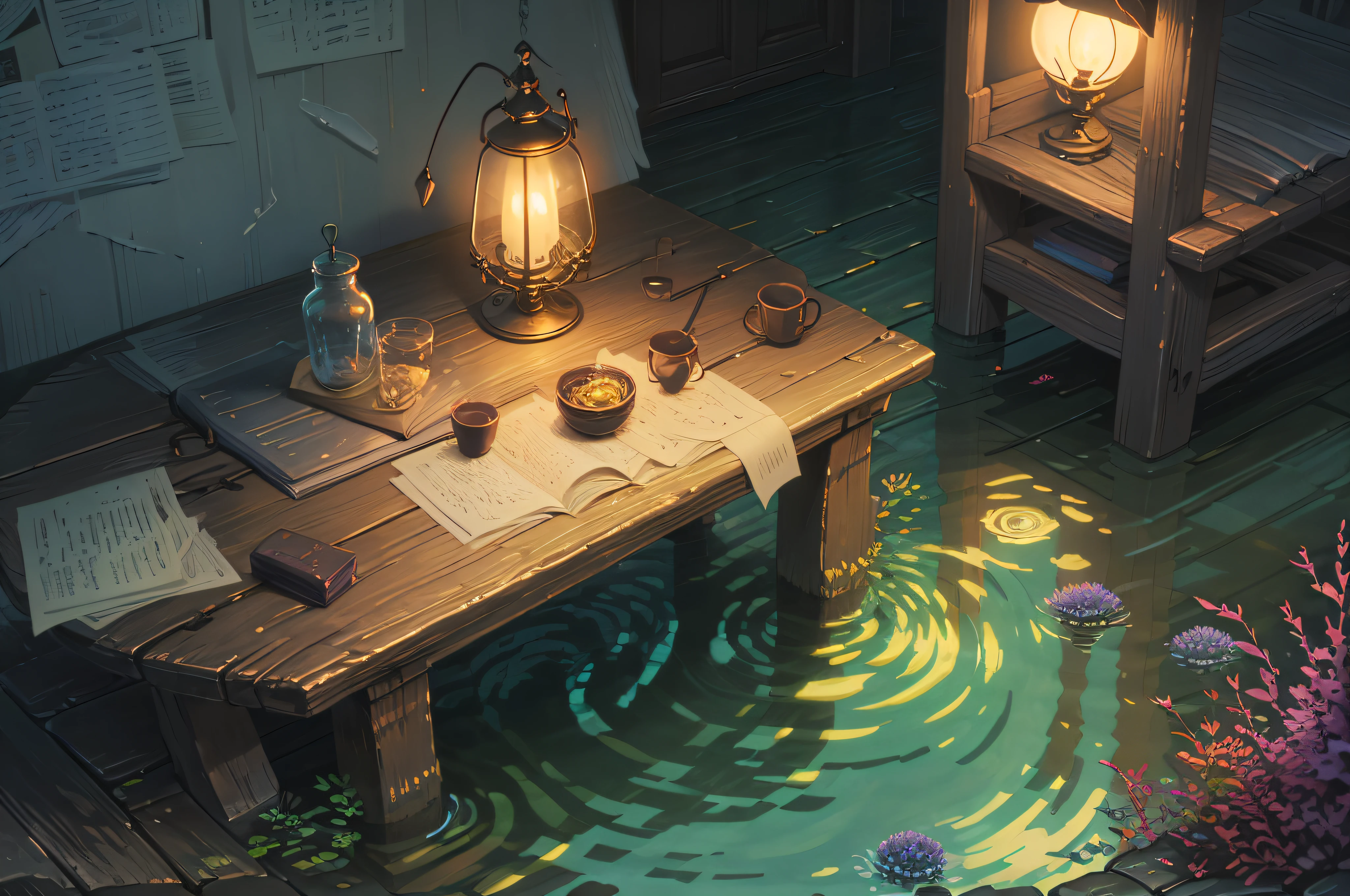 Mare's nest、lamplight、altar、jelly fish、Forever Night、Tidal floats、chai、dream-state、dreamland、ancient times、magia、ribbons、Streamers、Mysterious plants、Pools、Forbidden Land、vortex、ln the forest、vine、extreme hight detail、16k、ultraclear、tmasterpiece、high high quality、A high resolution --auto