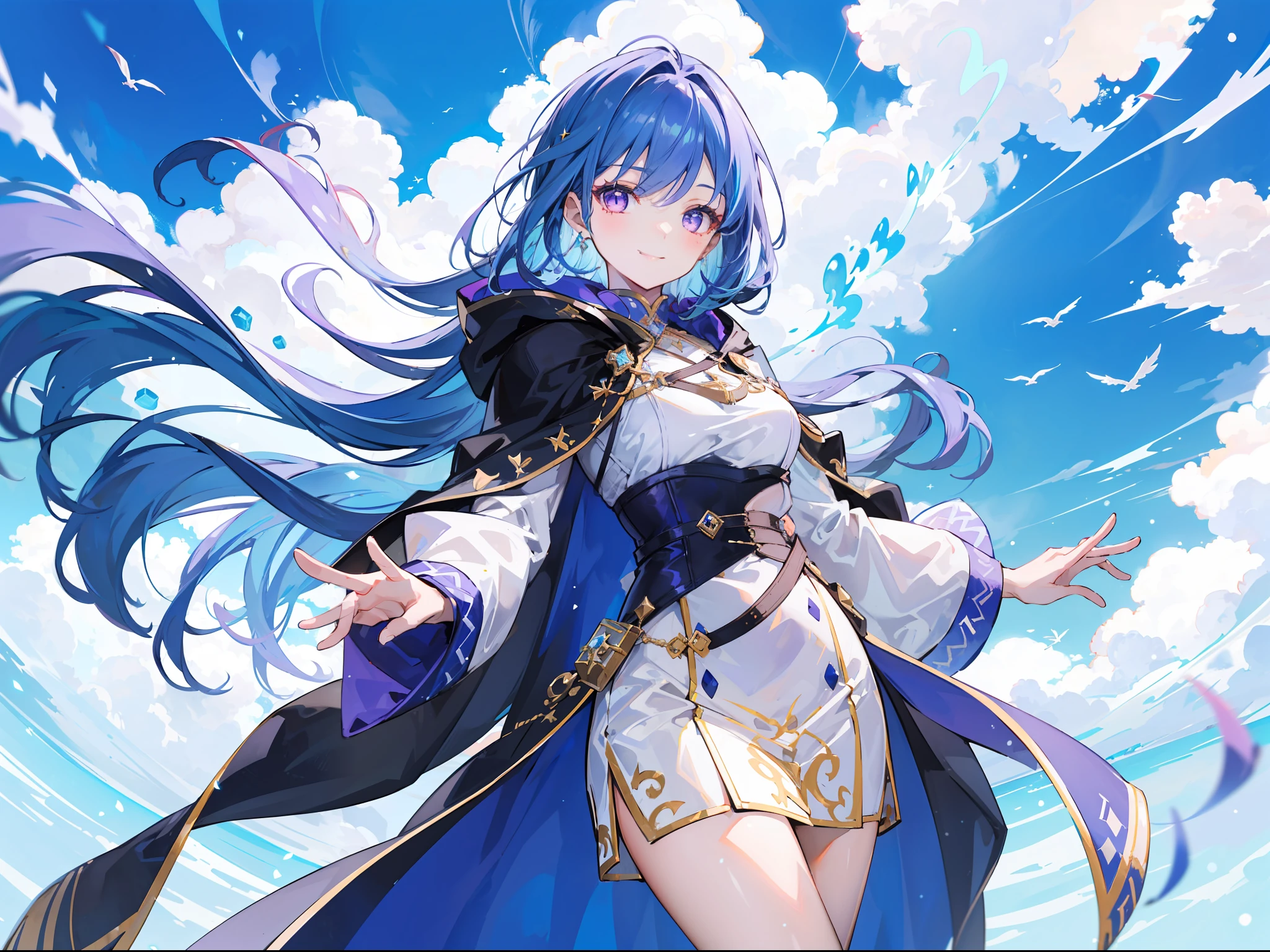 "Generate a graceful woman with purple eyes and radiant blue hair, soaring through the skies with cute smile. She is dressed in blue Saintess cloak and is surrounded by a cloud. She is a Saintess of a Goddess"