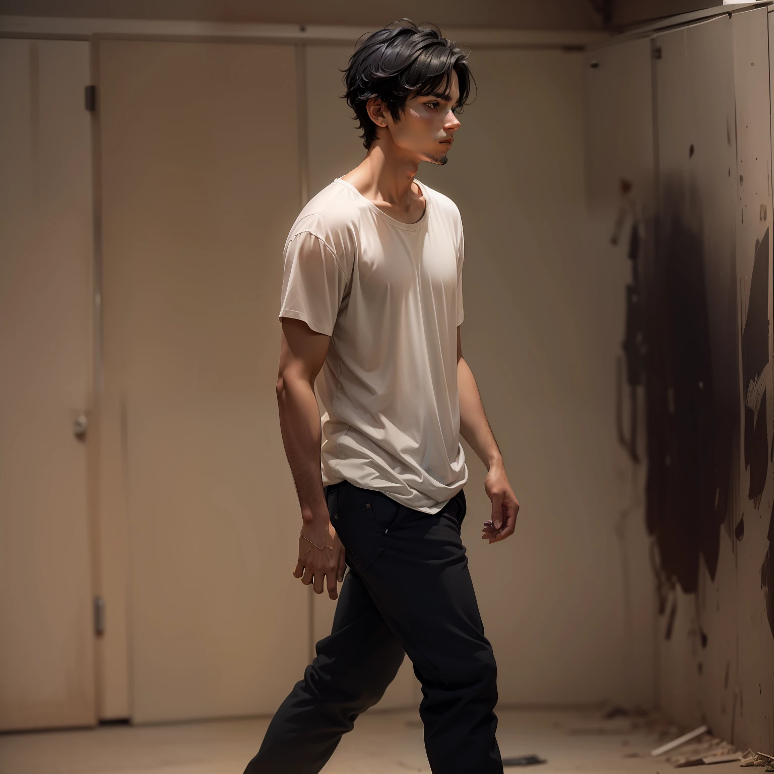 25-year-old male, short, earthy black hair, dressed in a plain, earthy white shirt, walking in a dark room, tired expression