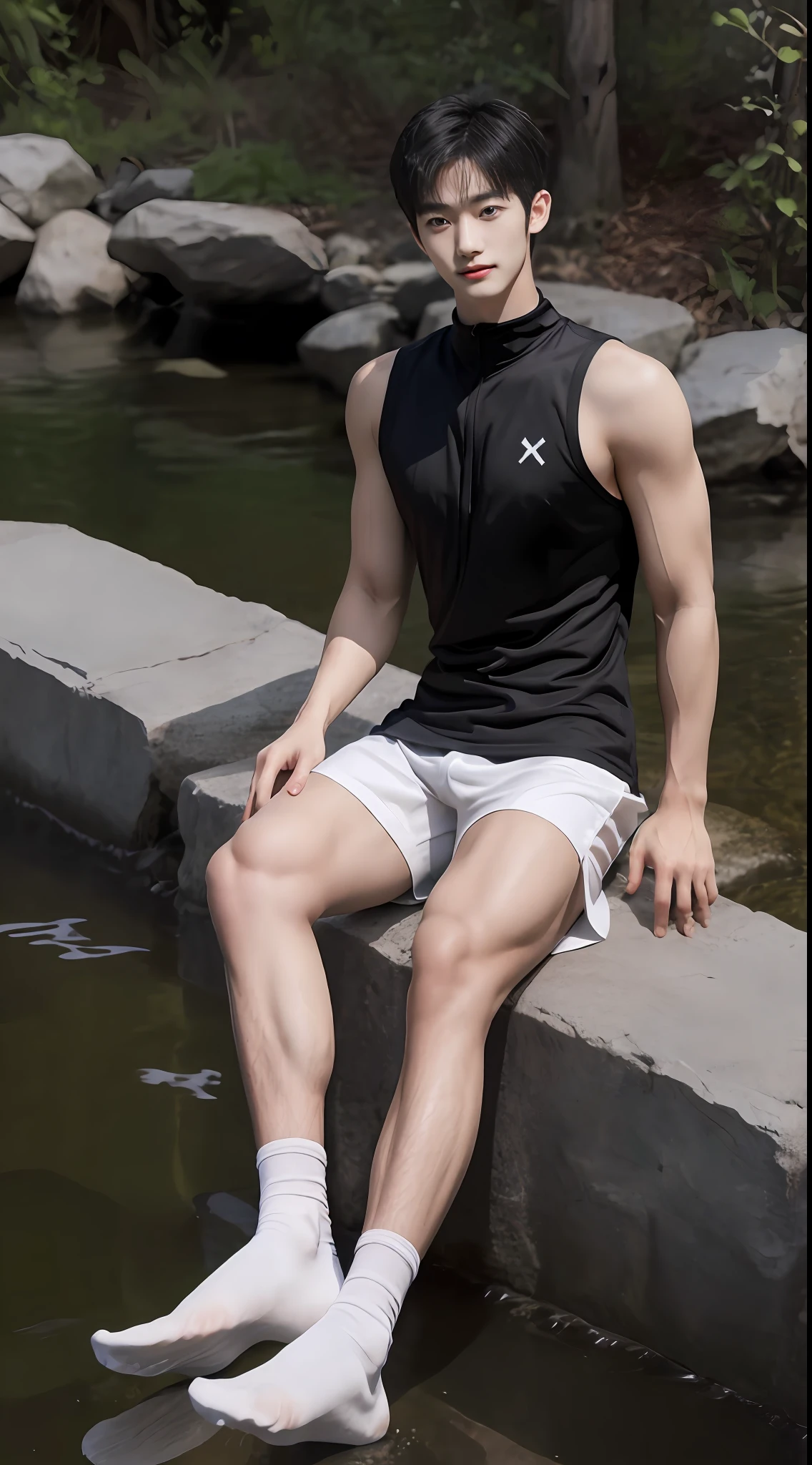 (A lovely Shota:2),full bodyesbian,Heads-up view,malefocus,Looking_at_peeping at the viewer,16 yaers old,Awl face,Tall,(Tall guy:2),Super tall,(Height 300 cm:2),Excellent body proportions,(slender leg:2),Twice the length of the legs,small heads,(Lovely and pretty:2),(The face of an anime man),(Very detailed beautiful face and eyes:2),(Big bright eyes:1.2),Sharp eyeliner,Clear and beautiful face,with short black hair,(Correct facial features),(low head:1.5),(having fun,grinning smile),(Men's combat uniform:2),men's hugedick shorts,Muscle firming,(Wide shoulders and narrow waist:2),Sports men's socks,soccer cleats,Detailed muscle texture,Highlights muscle structure,NOWAI,(Squat by the creek:4),(full length shoot),Stay away from the lens,Show full body surrealism, (Photorealistic detail), Incredible accuracy, lifelike textures, masterful technique, Jaw-dropping precision, artistic dedication,(anatomy correct),a slight light,exquisite detailing,Best quality,stunning masterpiece,CG