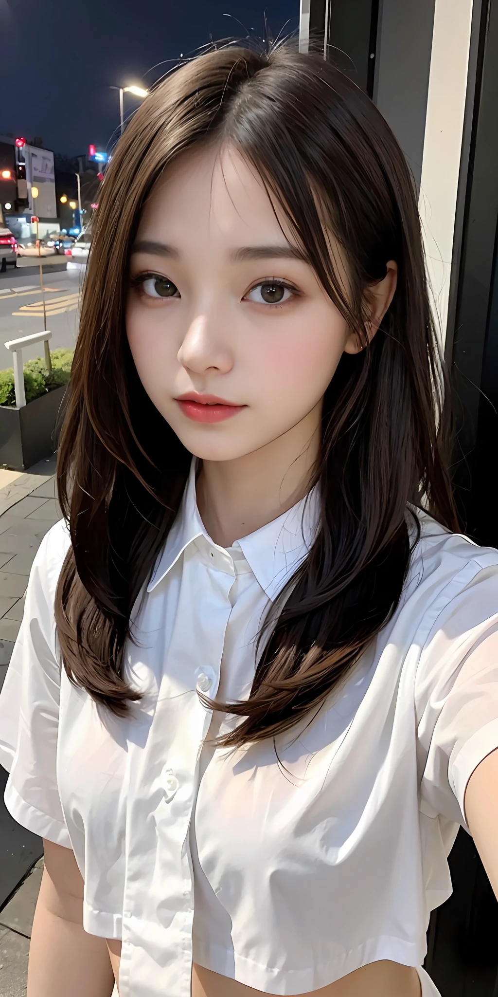 brown hair, ((neckwear))),birthmark, the belly, Korean girls, beautiful Korean women, Gorgeous young Korean woman, Beautiful young Korean woman, Asian girl with long hair, Young and cute Korean face, Portrait of a Korean female idol, korean woman, messy hair style, Popular Korean makeup, Popular Korean makeup, view over city, the night, (8k, RAW photos, best qualtiy, tmasterpiece: 1.45), (nsfw:1.25), ulzzang, ulzzang-6500-v1.1, pureerosface_v1,