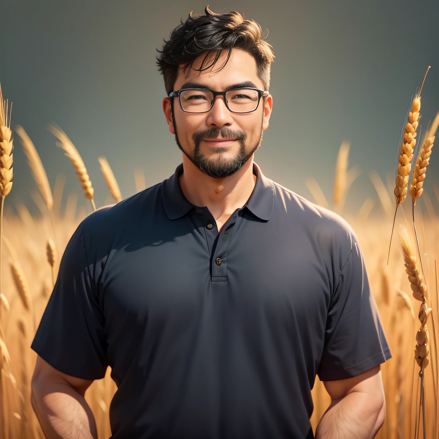 Middle-aged male teacher，Normal lean body shape，Black hair color，Short beard，Stand head-on，wears glasses ，Asian people，Wheat-colored skin，solid color backdrop，ssmile，Put your hands in your pockets，solo person，affable，Friendly and sunny