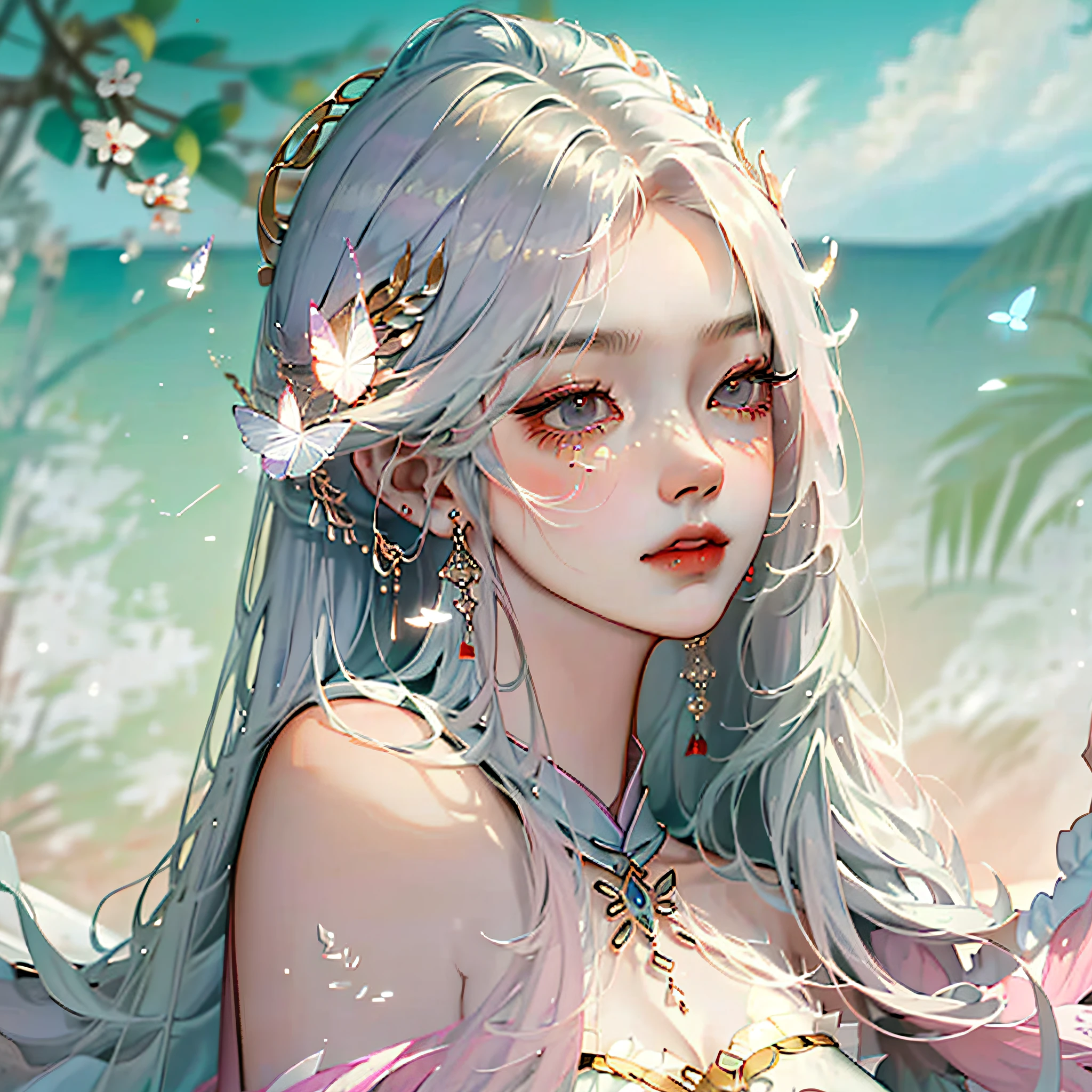 Yun Xian'er has a graceful figure, fair and silky skin, a delicate and moving appearance, her eyebrows are like butterflies, her eyes are like autumn water, the corners of her eyes are ghostly, her long hair is shawl, her skin is fair, her body is petite, her face is gentle and beautiful, her lips are slightly opened, her eyebrows are affectionate, and she exudes a fresh breath. Her nose bridge is straight, her lips are rosy and plump, slightly raised, exuding a confident and intelligent temperament, she is dressed in a lilac dress, slightly permeated with a light and elegant breath; Her hair is flicked on her shoulders, soft and bright like velvet, and her eyes seem to have endless wisdom, looking very heartwarming, masterpiece, the best quality
