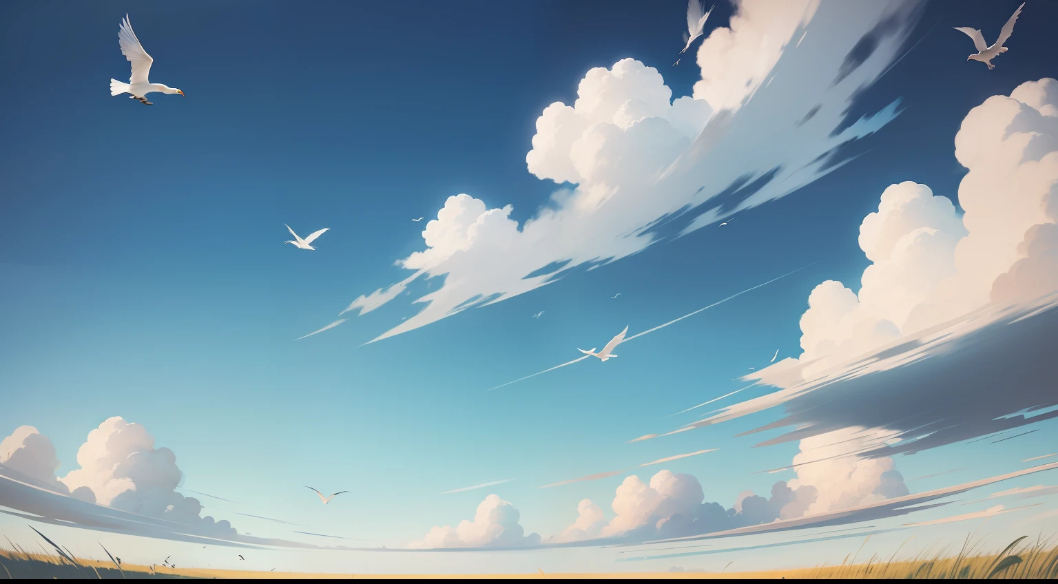 with blue sky and white clouds，grassy fields，flying birds，Blur foreground grass，